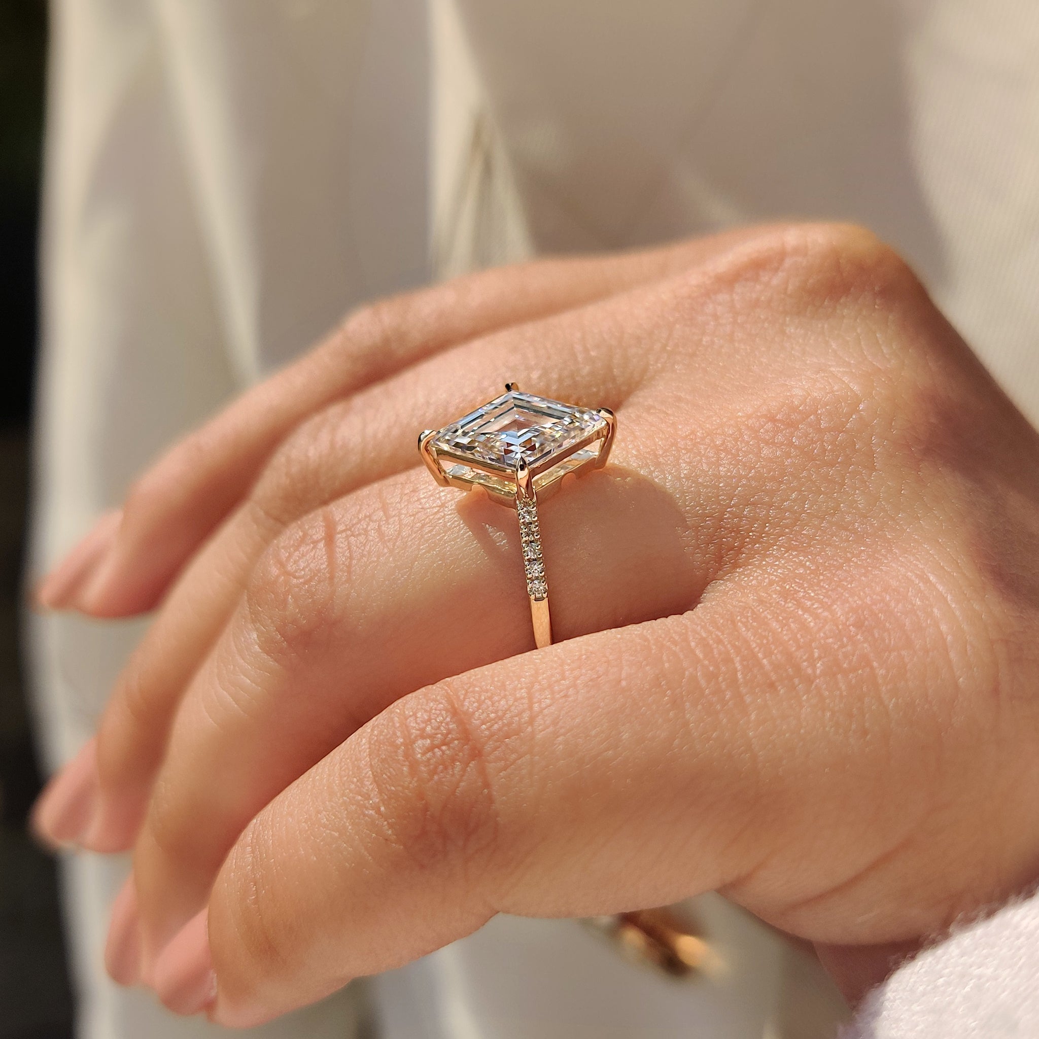 Lab grown lozenge cut diamond ring handmade.
