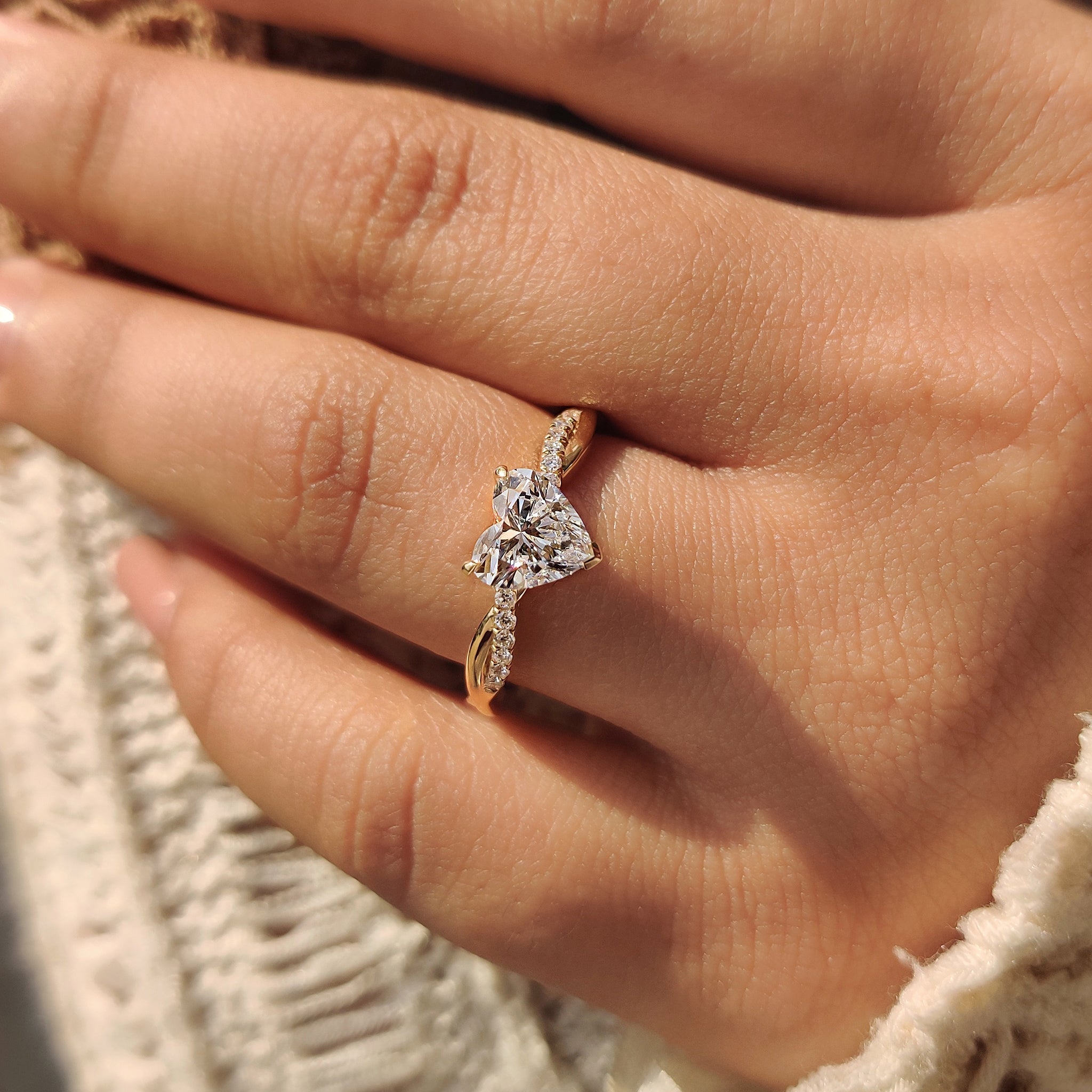 Lab grown diamond heart shaped ring handmade jewelry.
