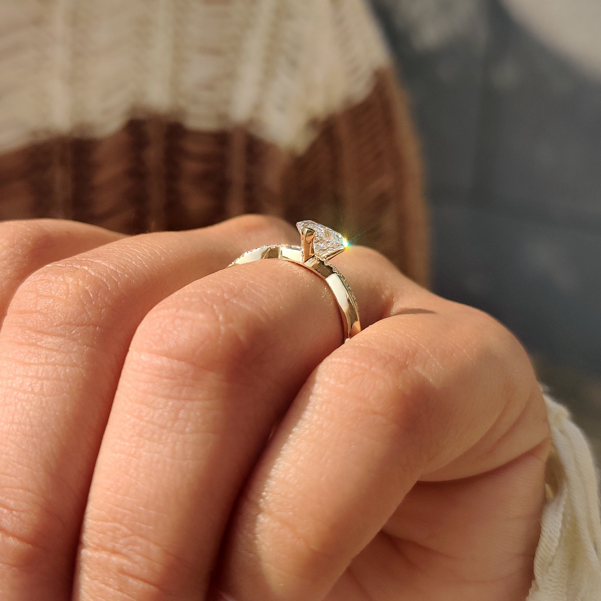 Handmade ring heart shaped diamond with V shaped prong setting.
