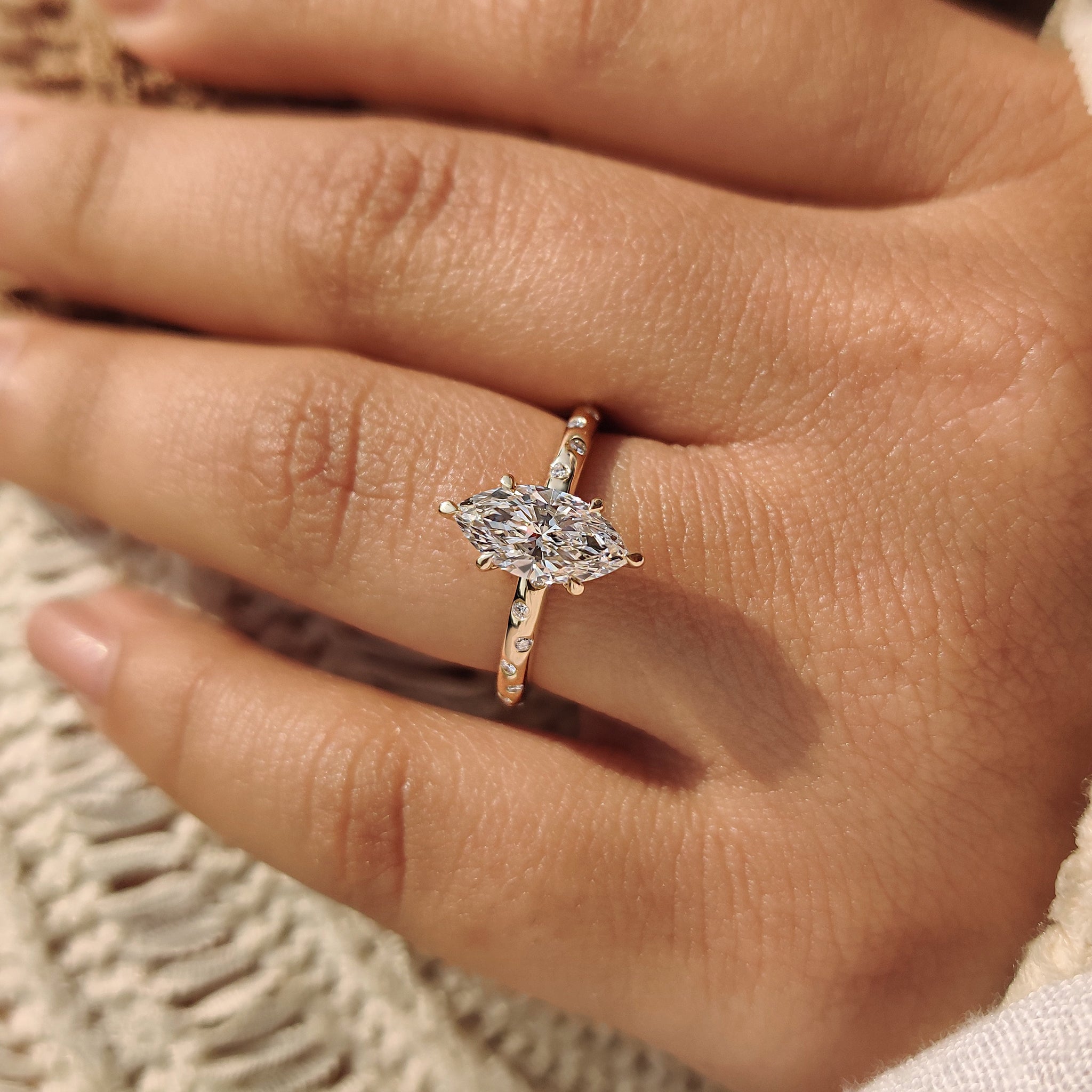 Handmade ring with marquise diamond and 6 claw prong setting.
