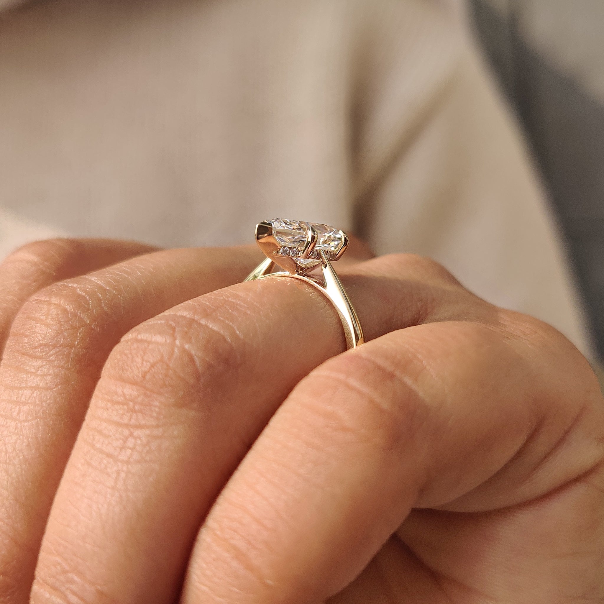 Carat Diamonds Dutch marquise ring with V Prong with claw prong.
