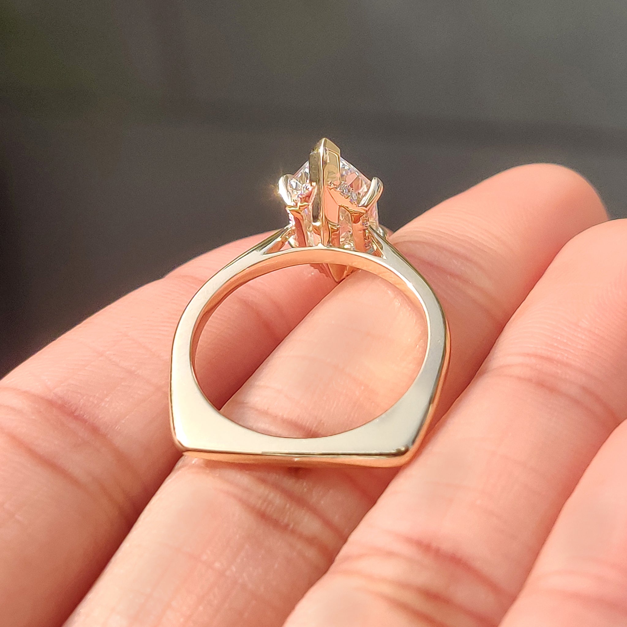 V Prong with claw prong ring with round shape hidden halo.
