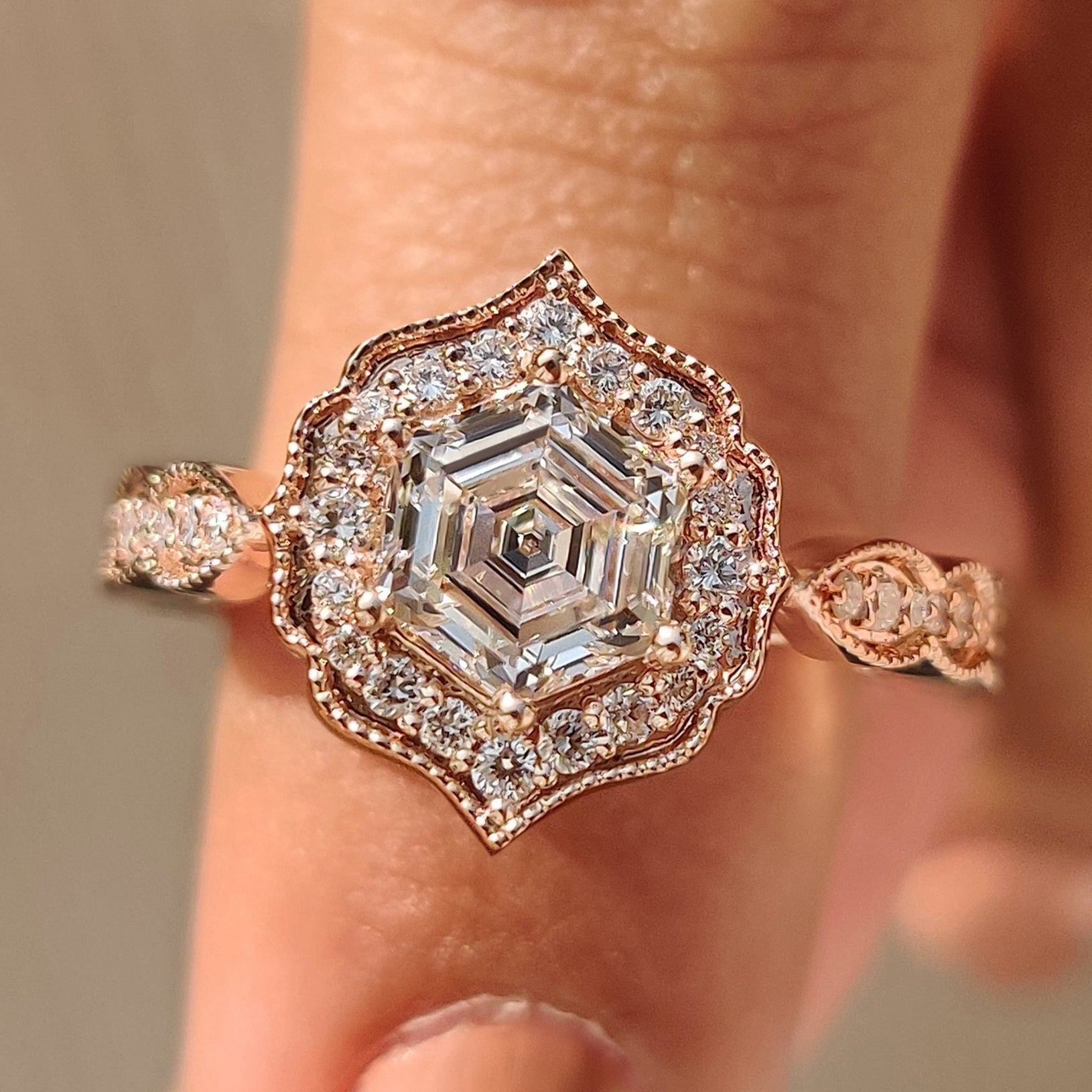 Hexagon Diamond Ring in Halo Style