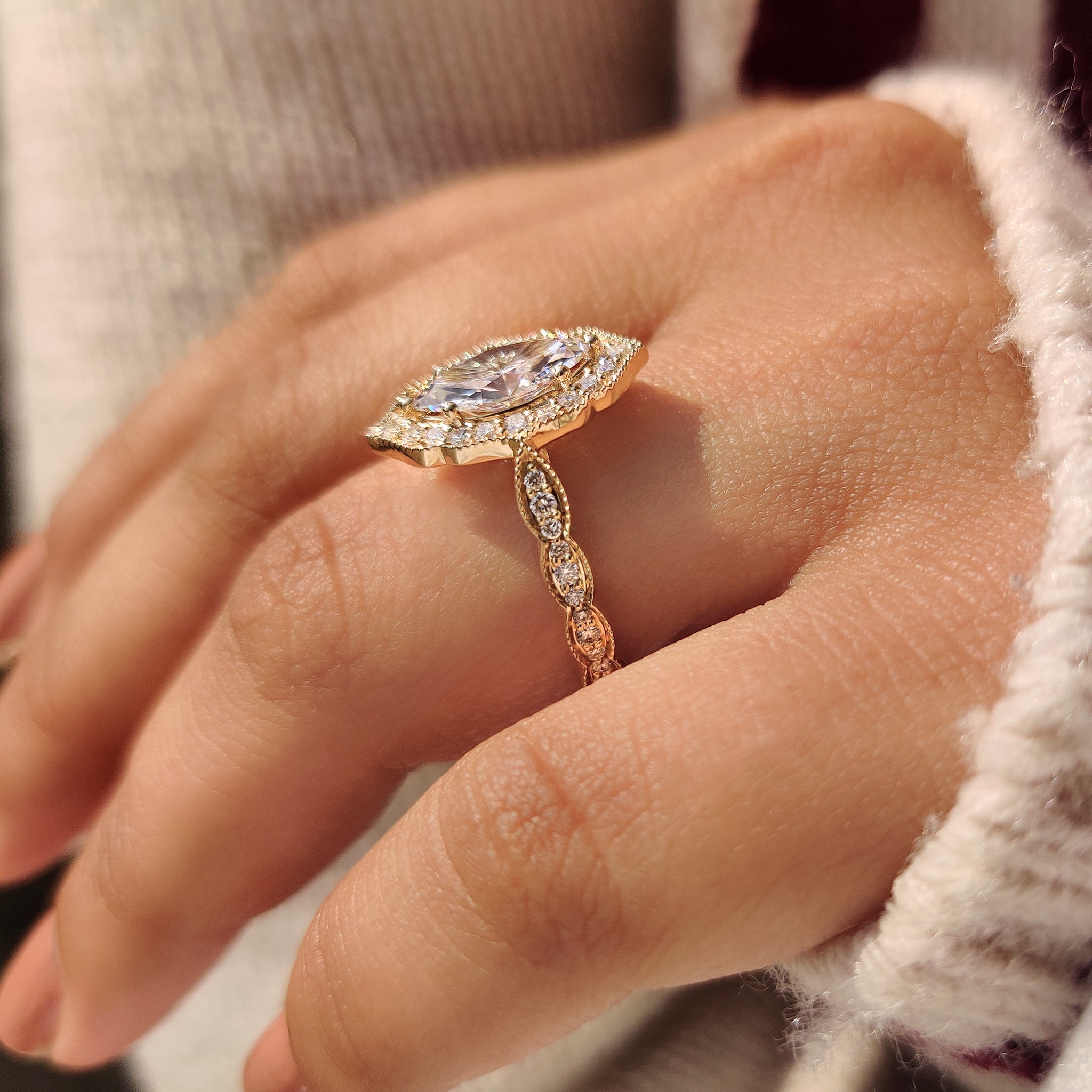 Lab grown marquise cut diamond ring vintage style.
