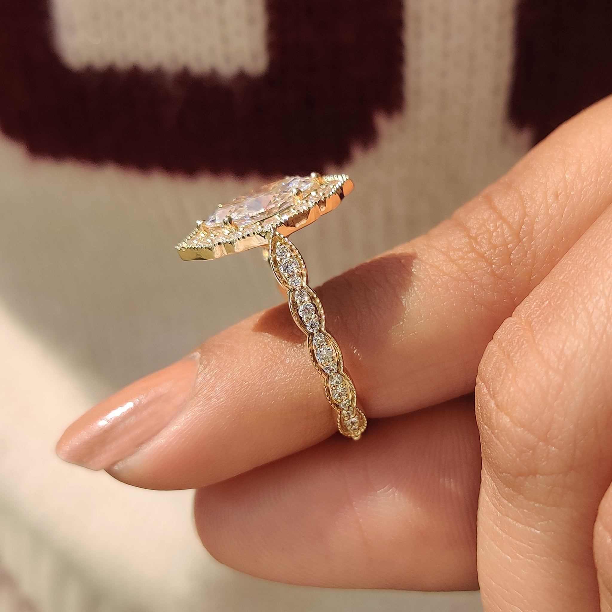 Handmade marquise diamond ring with milgrain setting.
