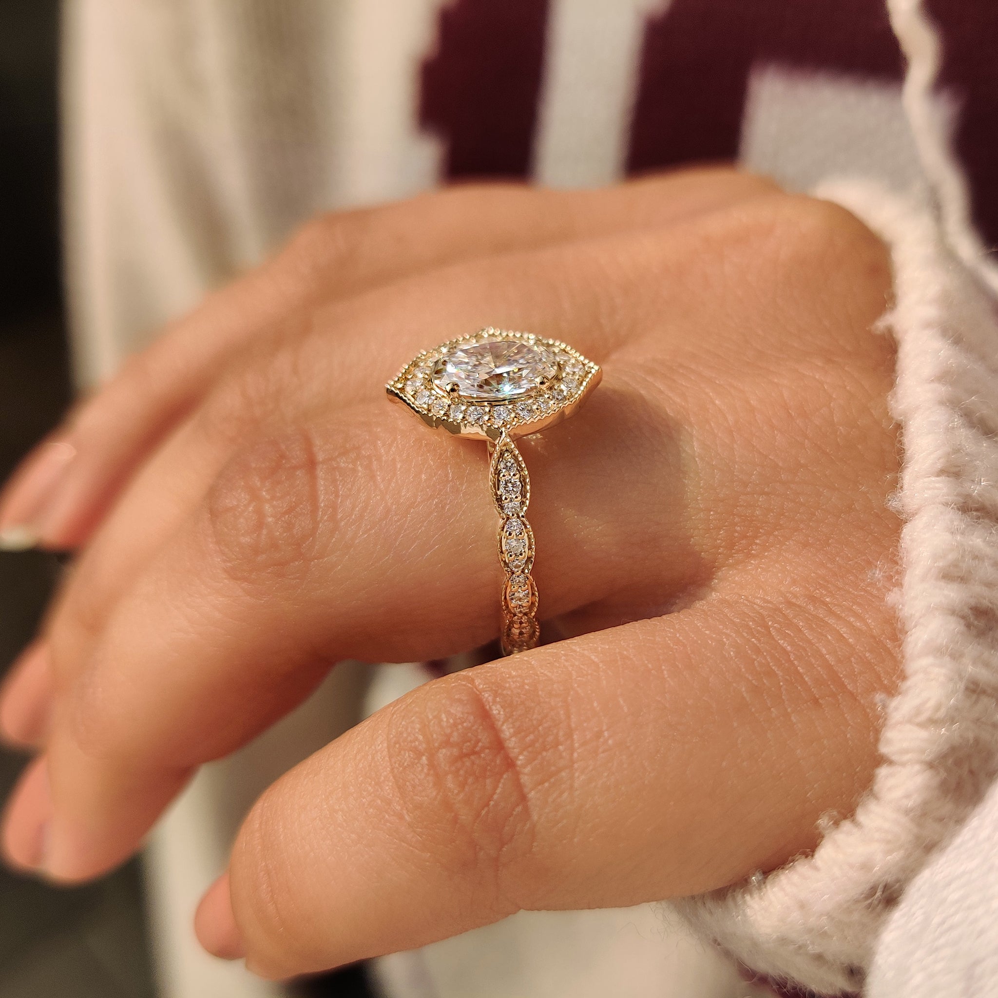 Lab grown oval cut diamond ring vintage style.
