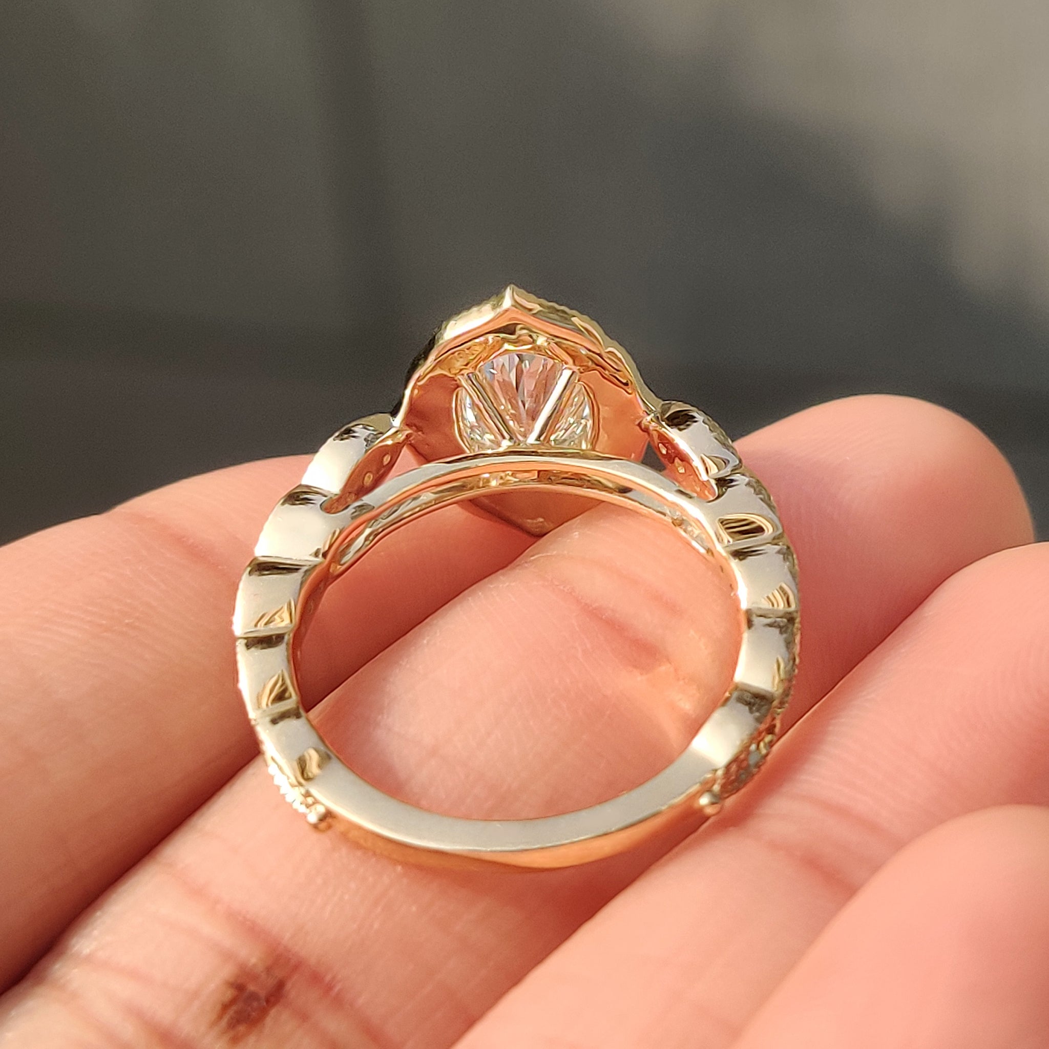 Lab grown oval diamond ring with cathedral setting.
