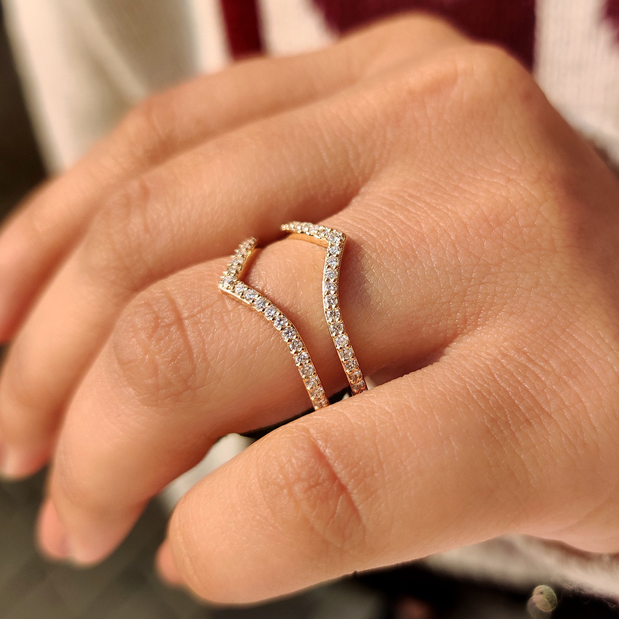 Half eternity V shaped wedding band lab grown.
