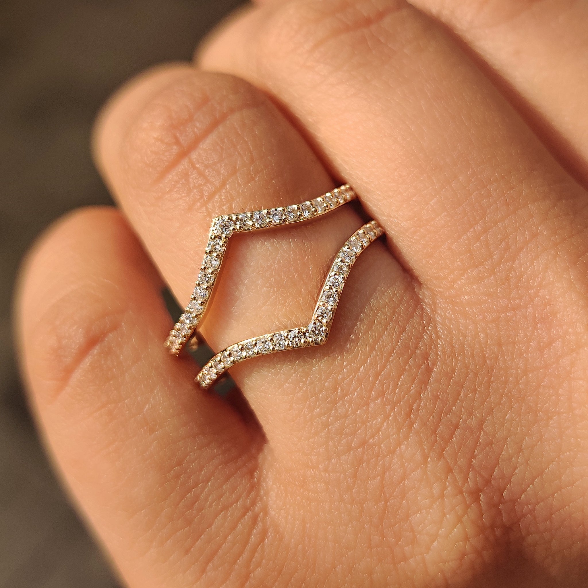 Lab grown diamond V shaped wedding band handmade.
