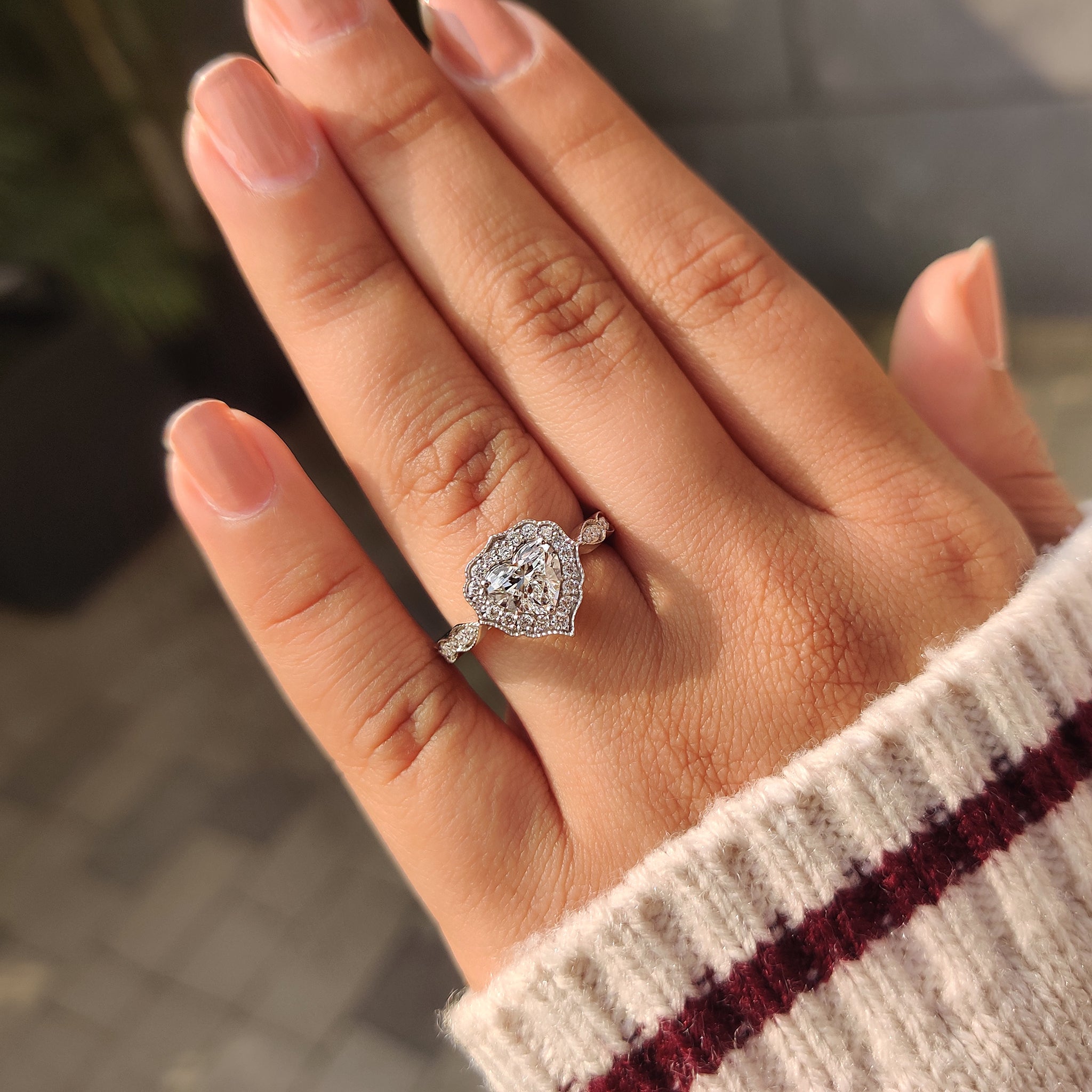 Handmade heart cut diamond ring with vintage look.
