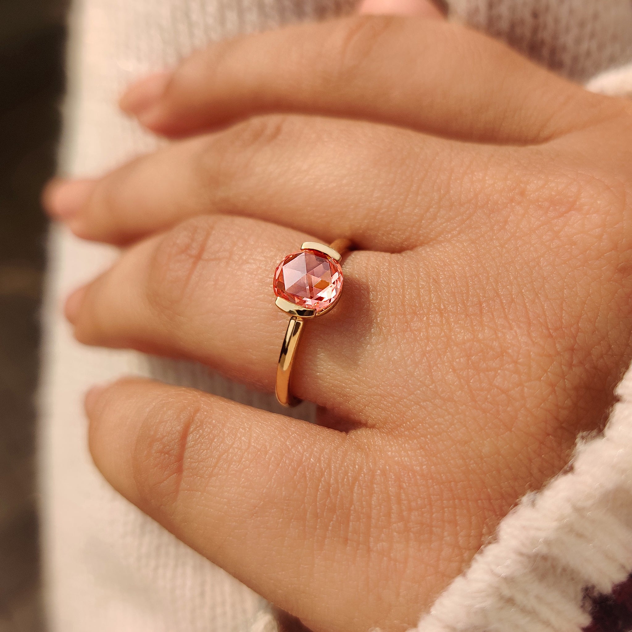 Open gallery rose cut pink diamond solitaire ring.

