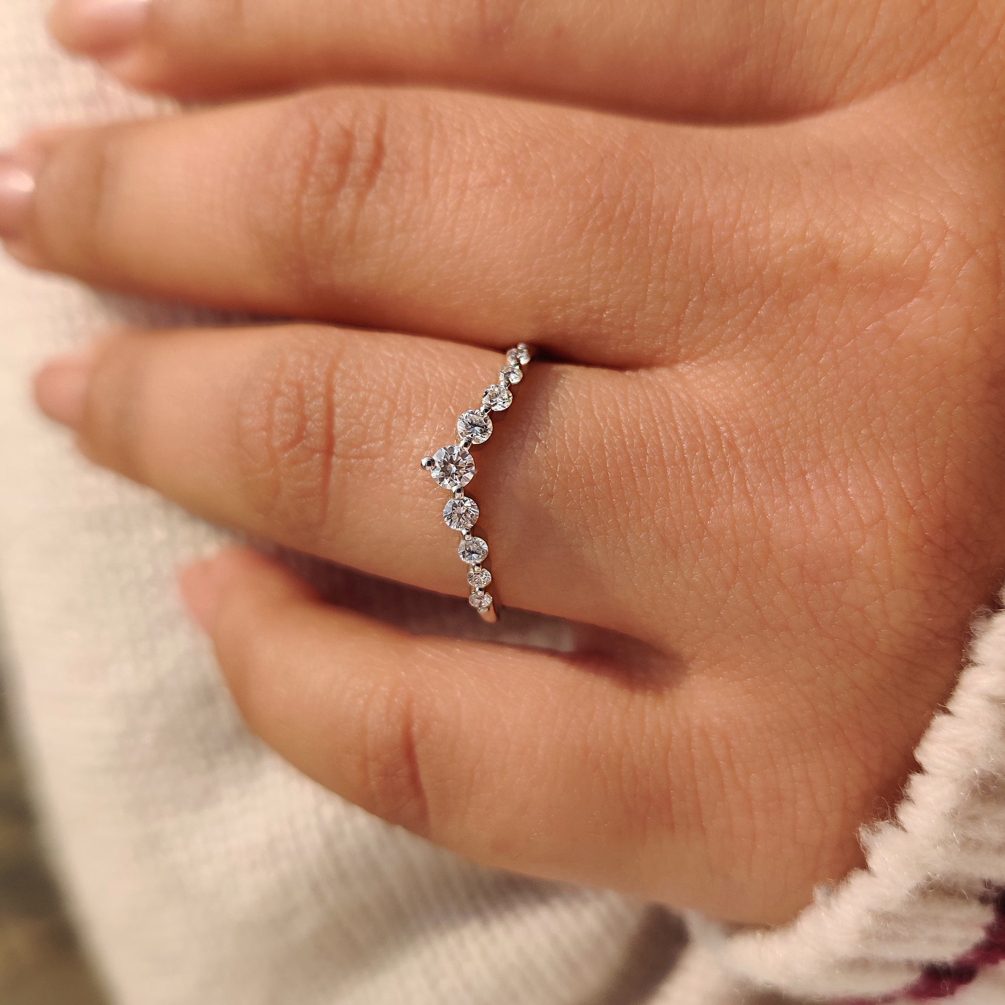 Shared prong curved diamond wedding band handmade.
