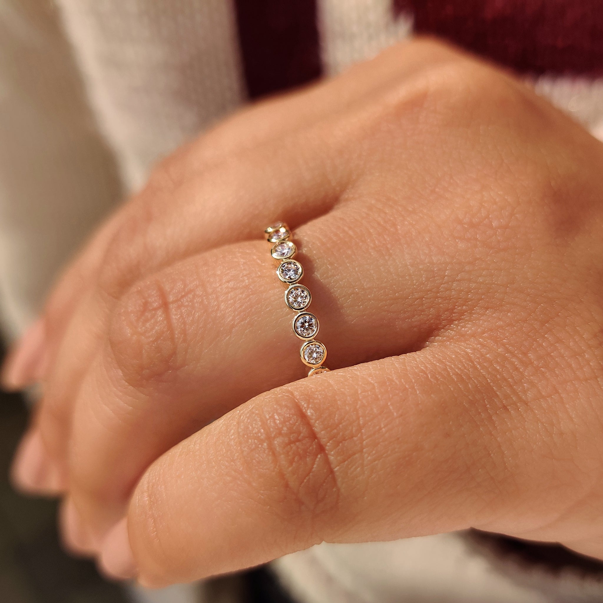 Handmade lab grown diamond bezel eternity band.
