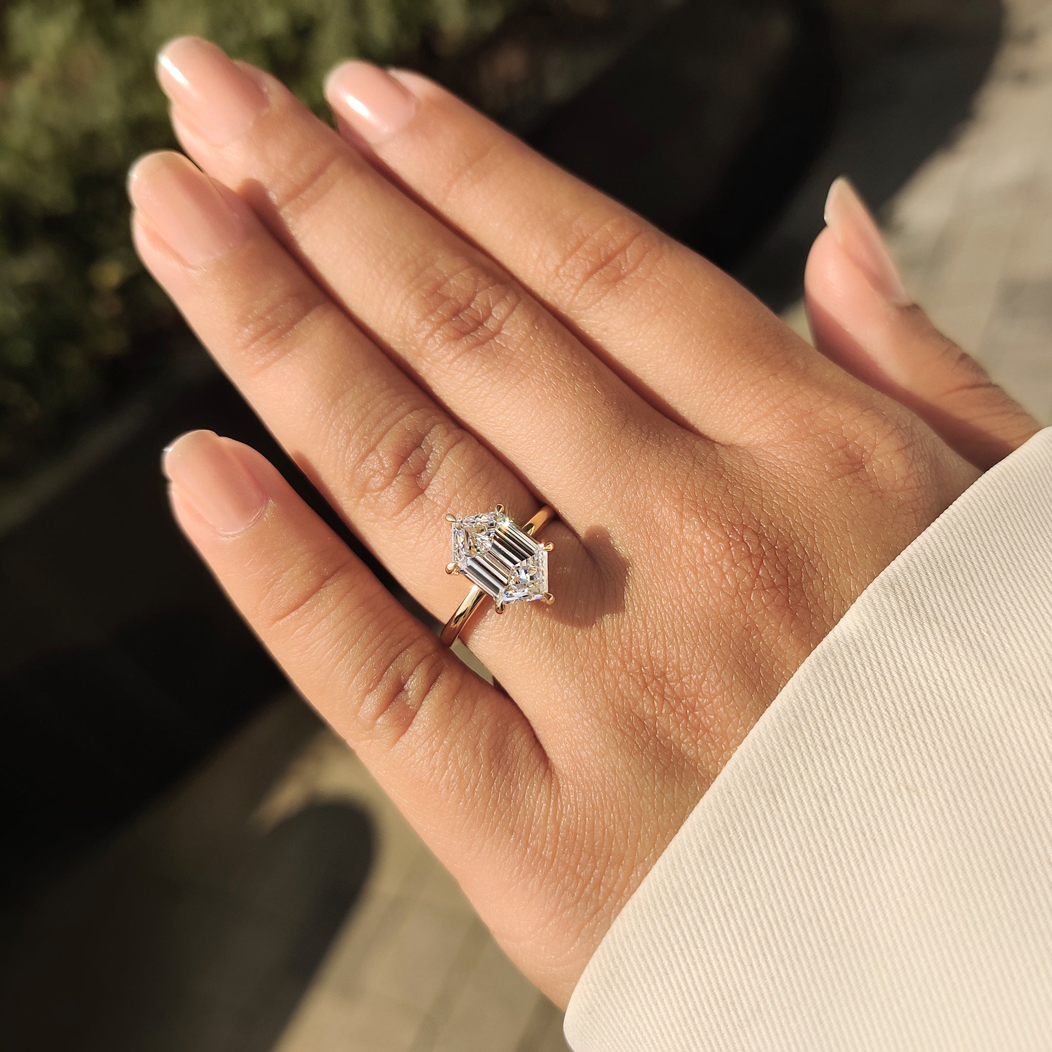 Lab grown solitaire diamond ring with geometric center stone

