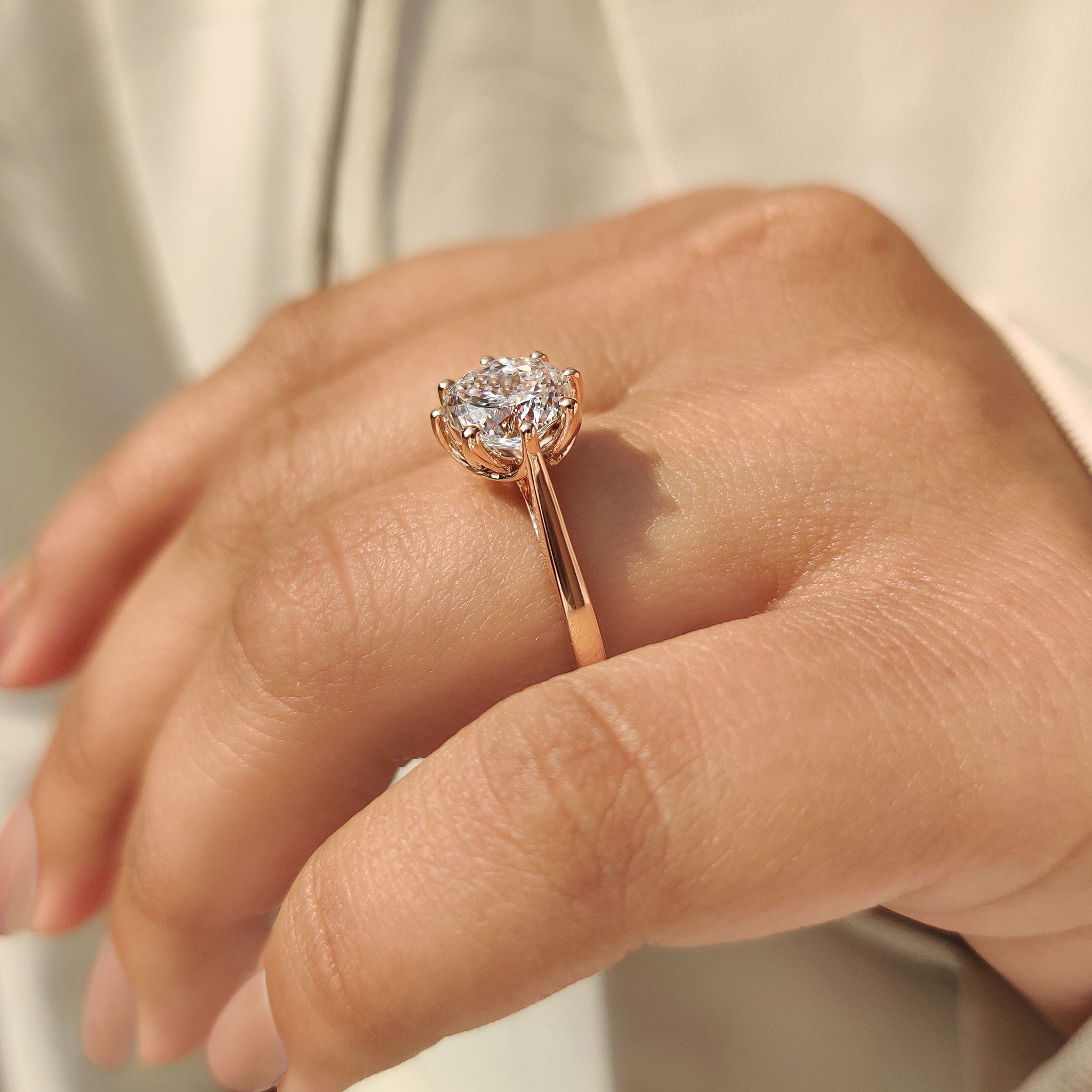 Lab grown Portuguese cut diamond ring with cathedral setting
