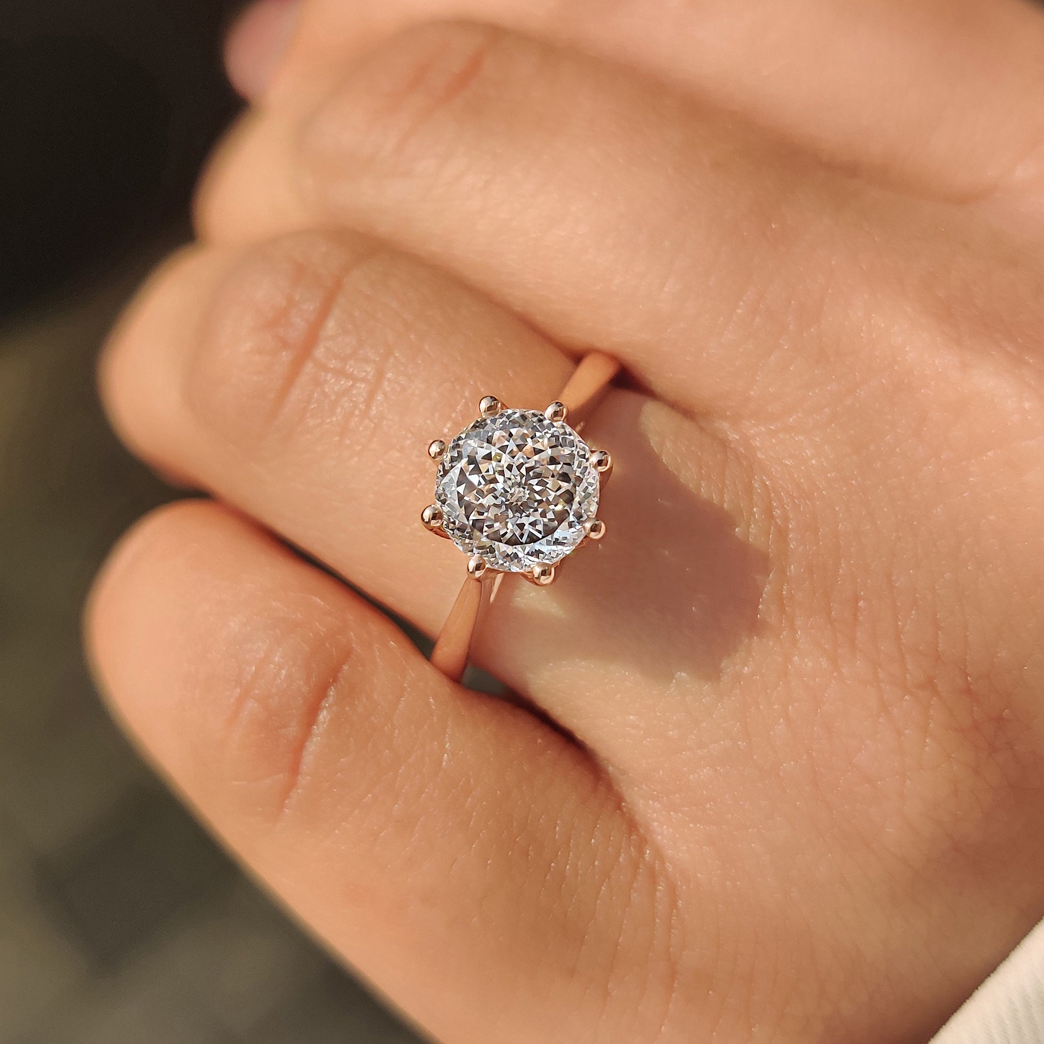 Portuguese cut diamond ring with secure eight prong setting
