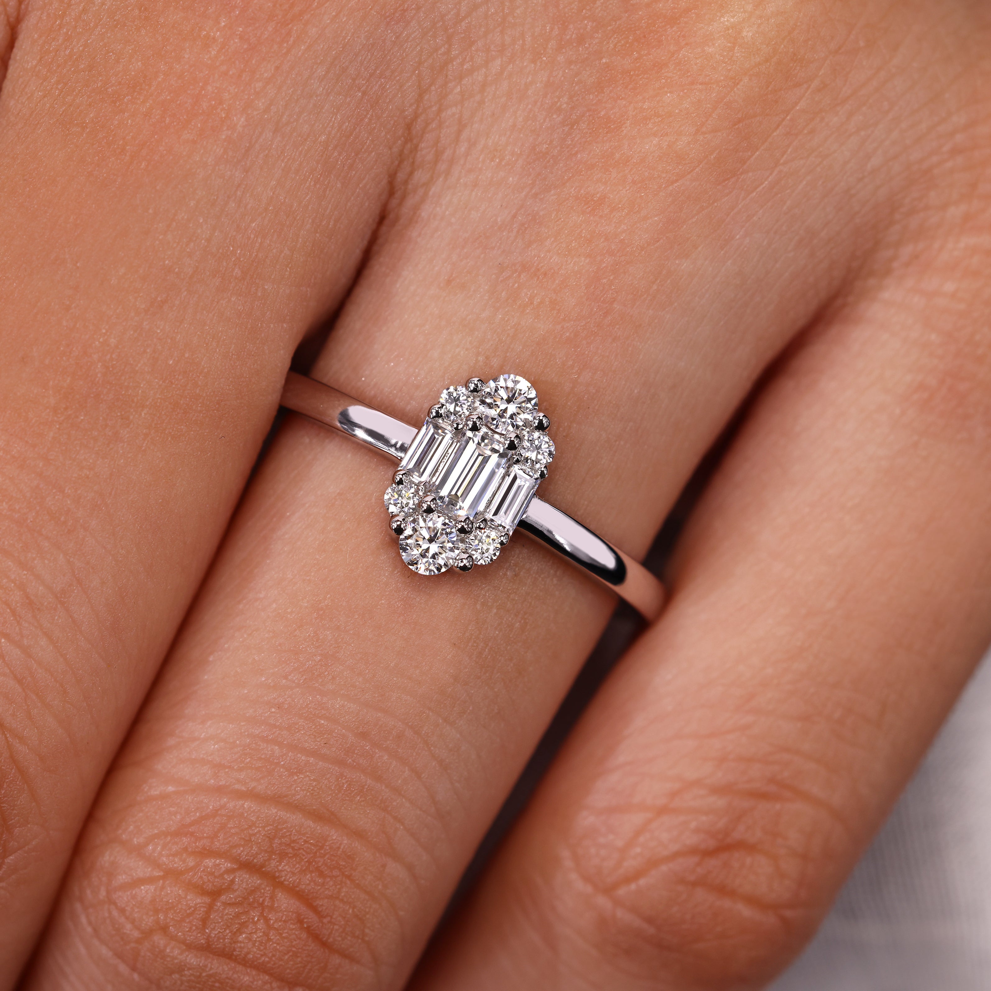 Baguette And Round Diamond Cluster Halo Engagement Ring