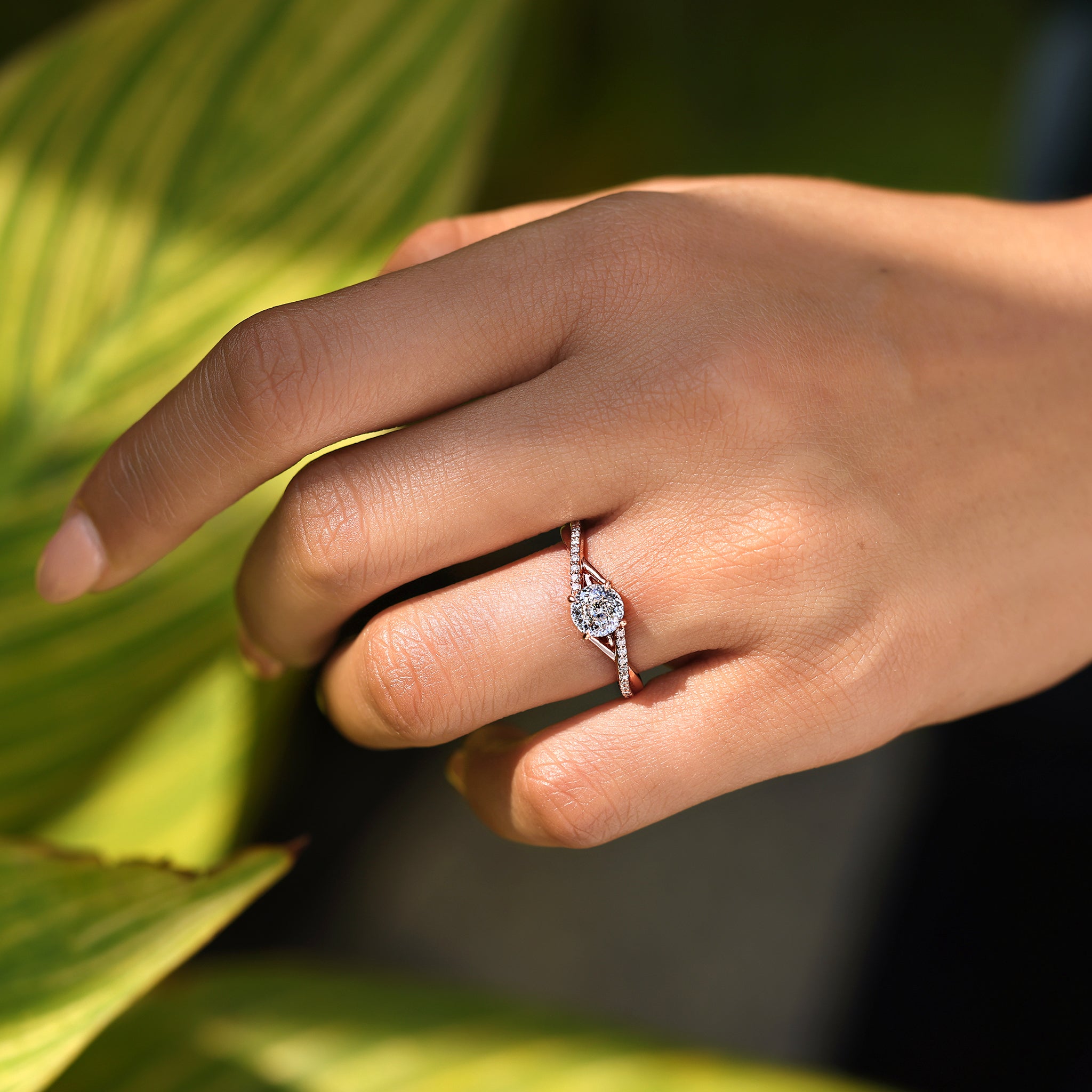 Twisted shank Portuguese diamond engagement ring.
