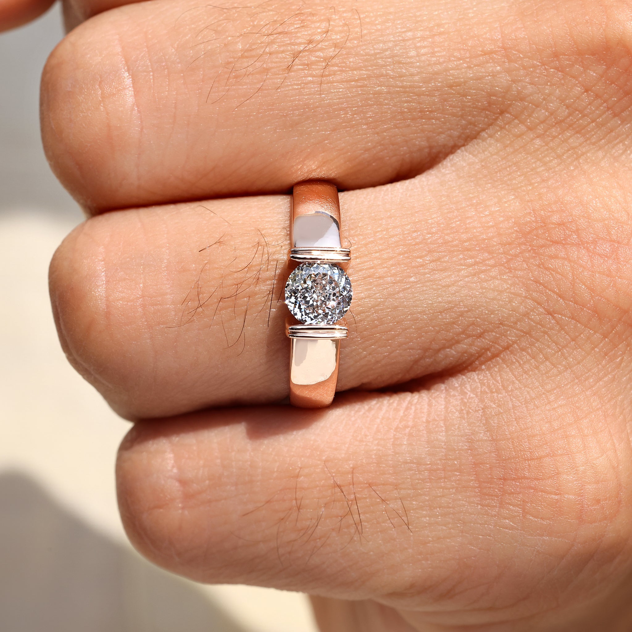 Men’s solitaire ring offered in lab grown diamond or moissanite.
