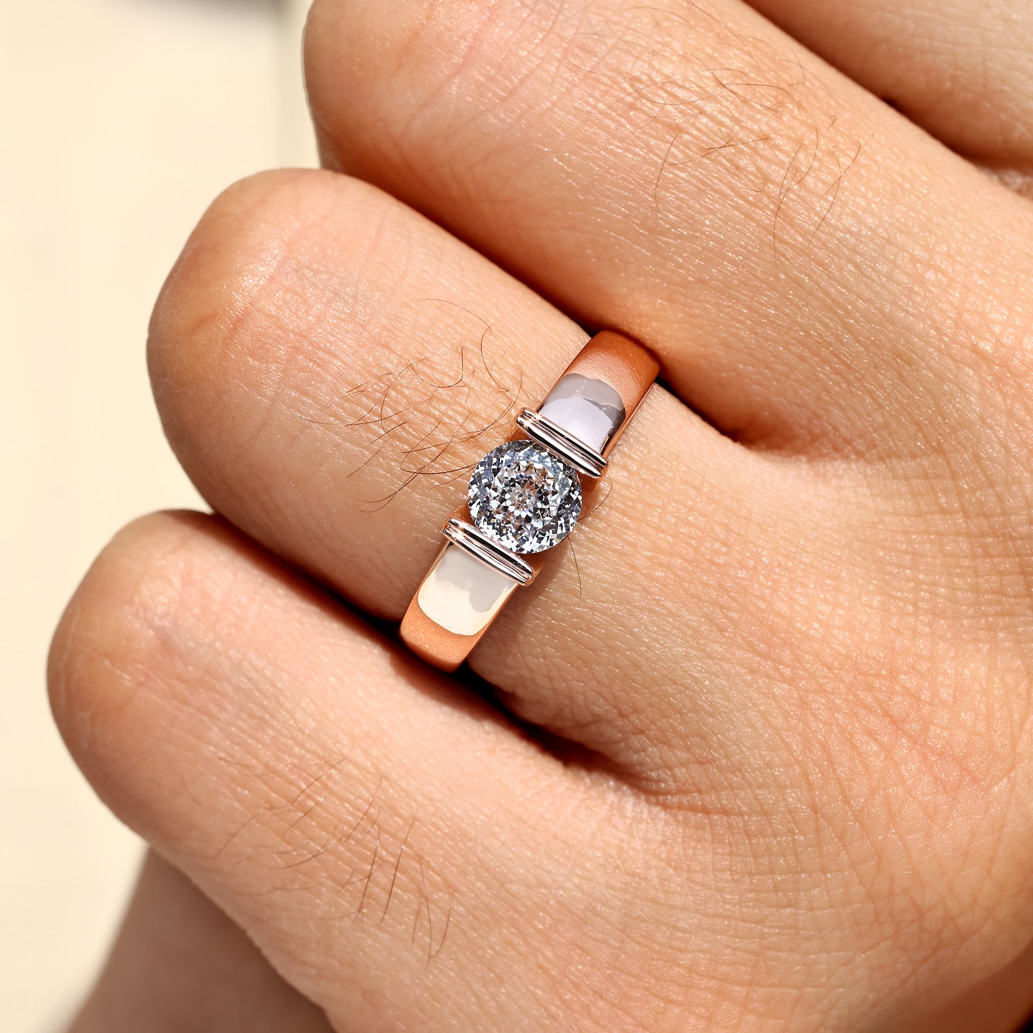 Handmade men’s ring featuring Portuguese cut center stone.
