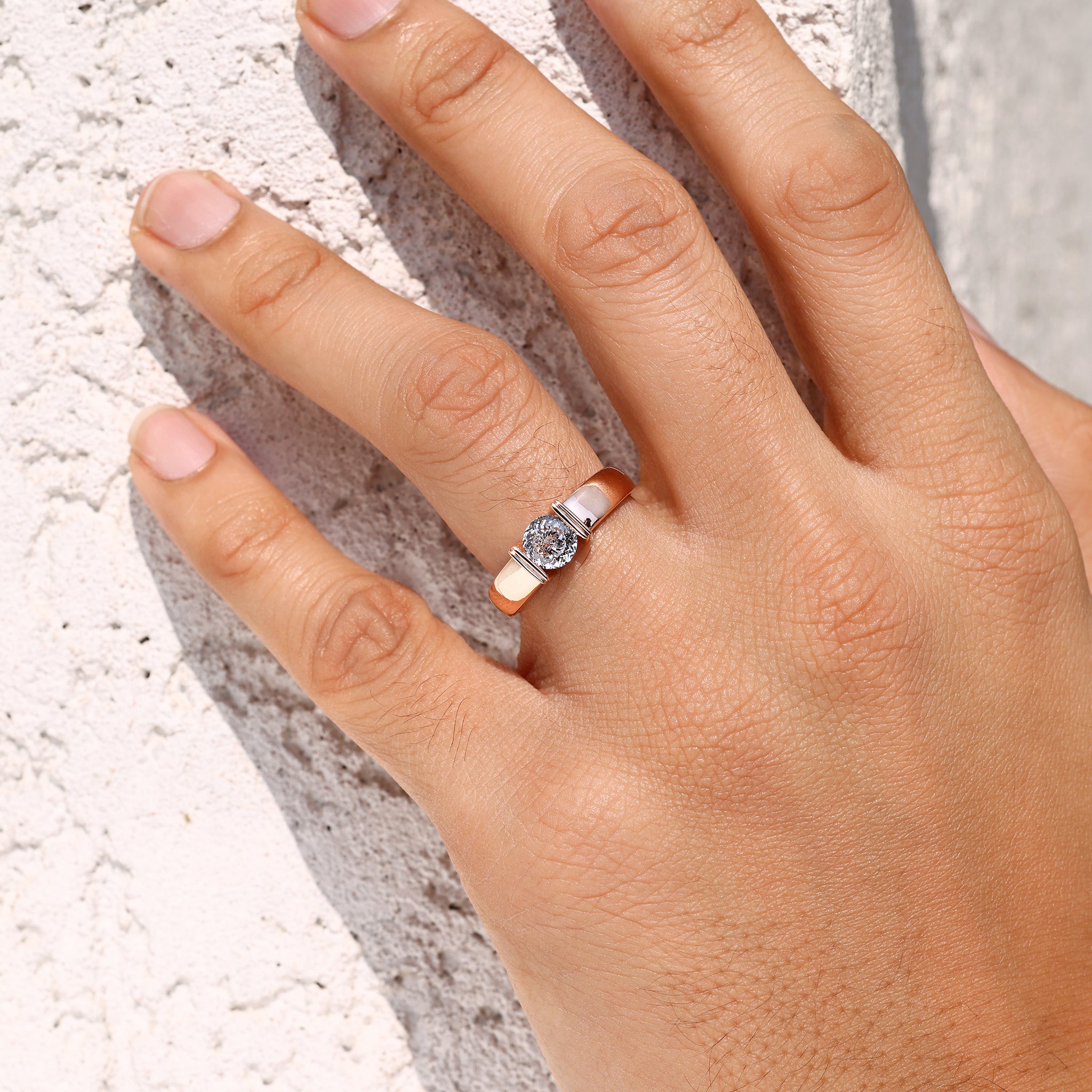 Men’s tension setting ring with Portuguese cut stone.
