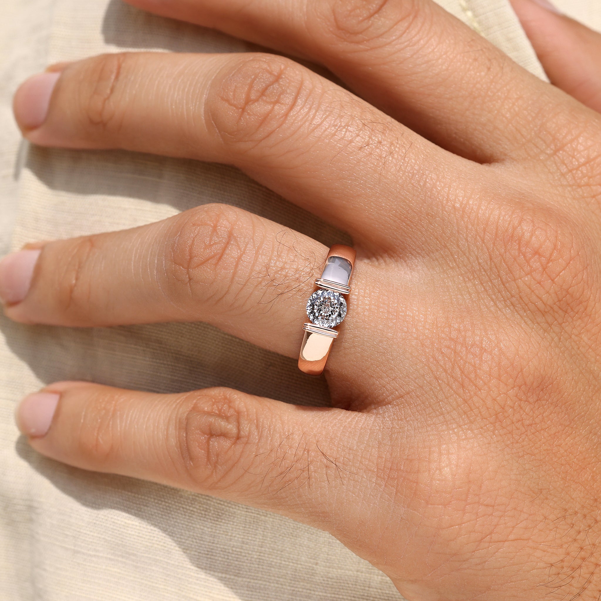 Handmade men’s solitaire ring with clean tapered shank.
