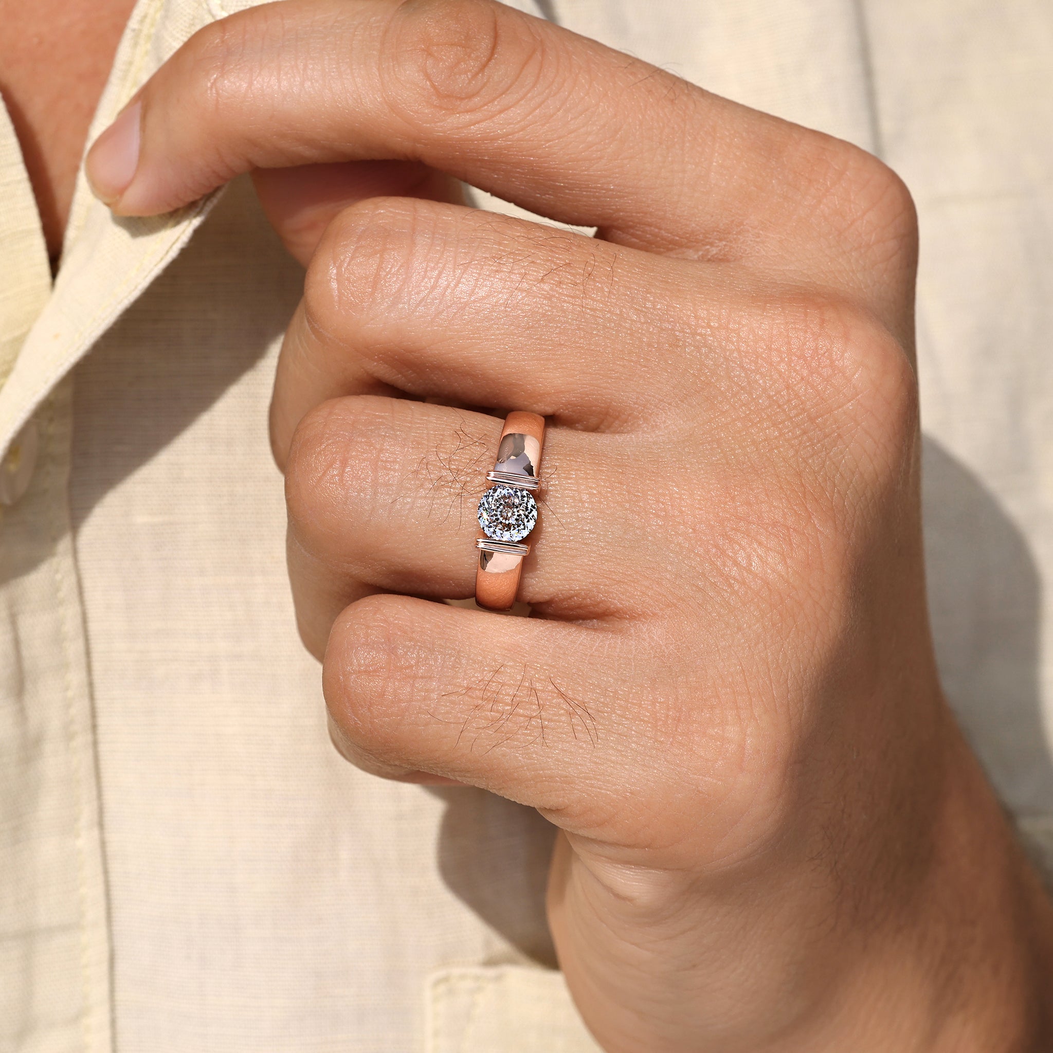 Men’s ring with Portuguese cut stone and strong setting.
