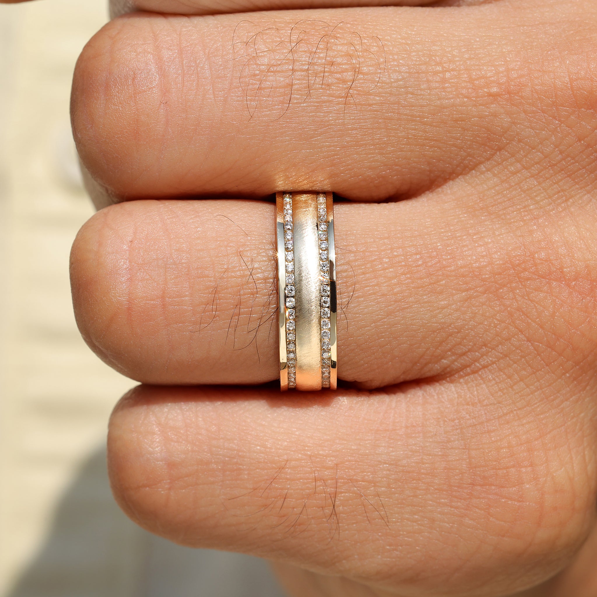Matte finish men’s diamond ring with double pave rows.
