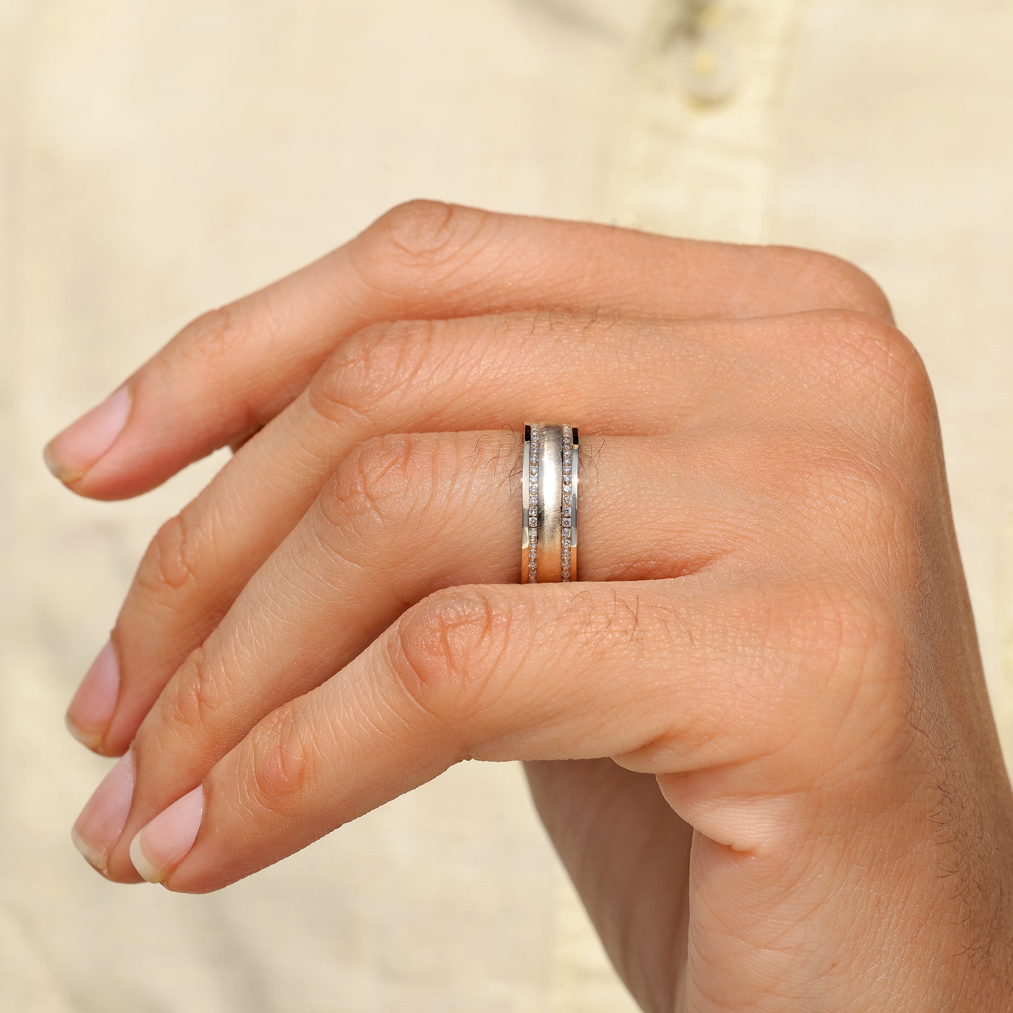 Handmade men’s matte ring with round lab grown diamonds.

