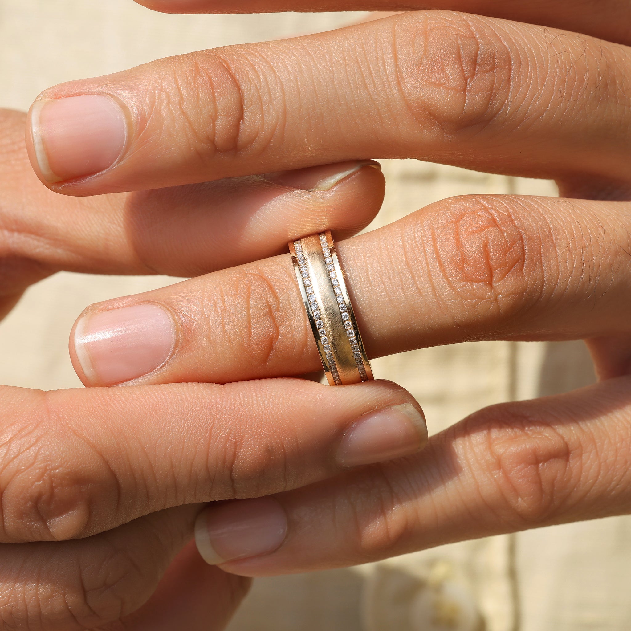Round diamond matte finish men’s ring handmade.
