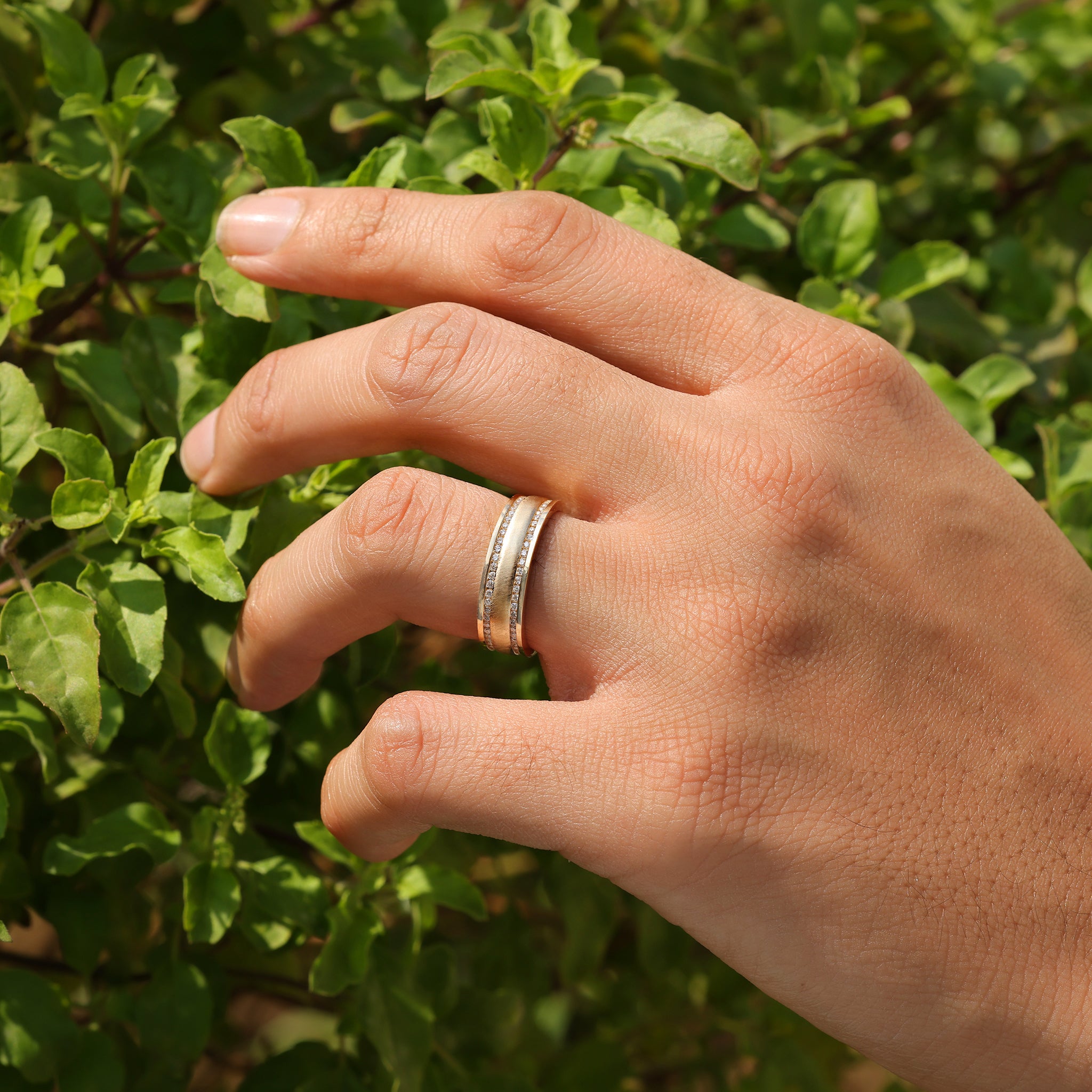 Handmade matte finish men’s ring with lab grown diamonds.
