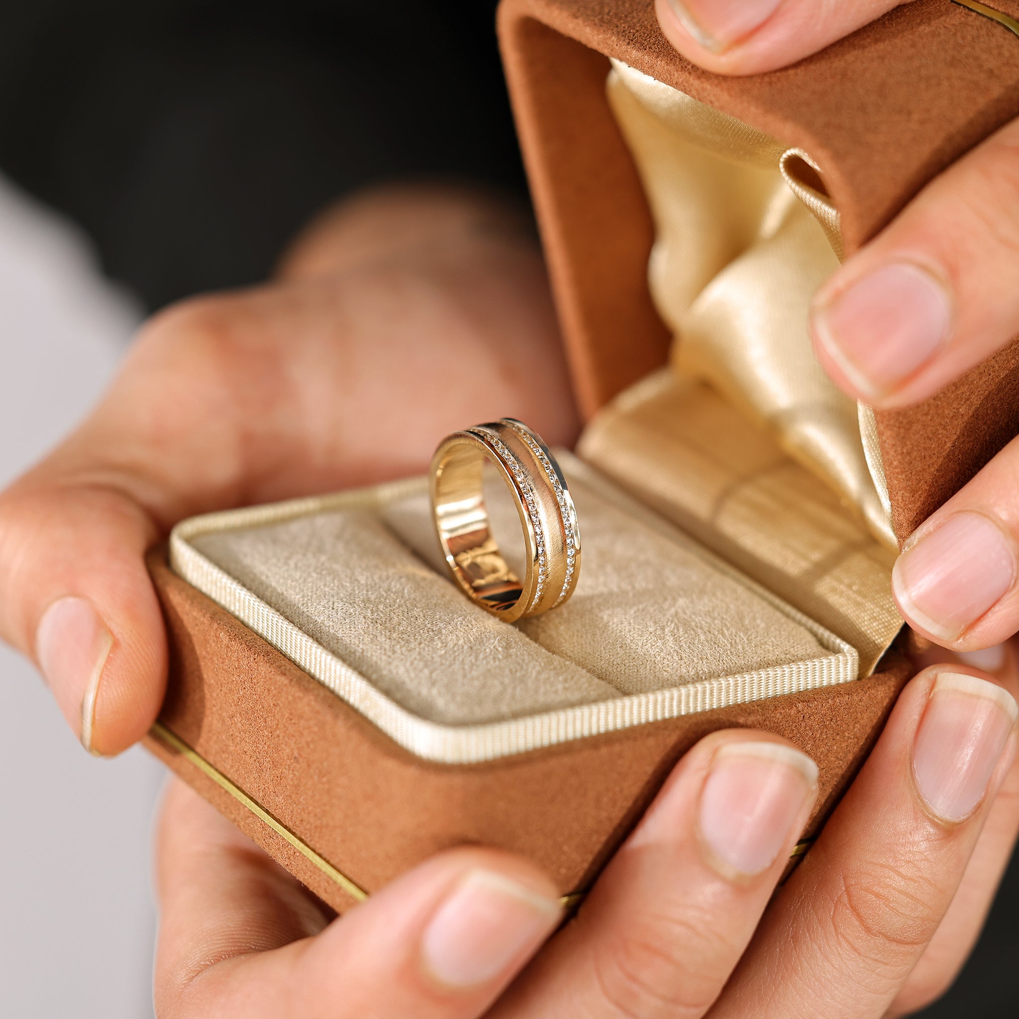 Men’s matte finish ring with double row pave diamonds.
