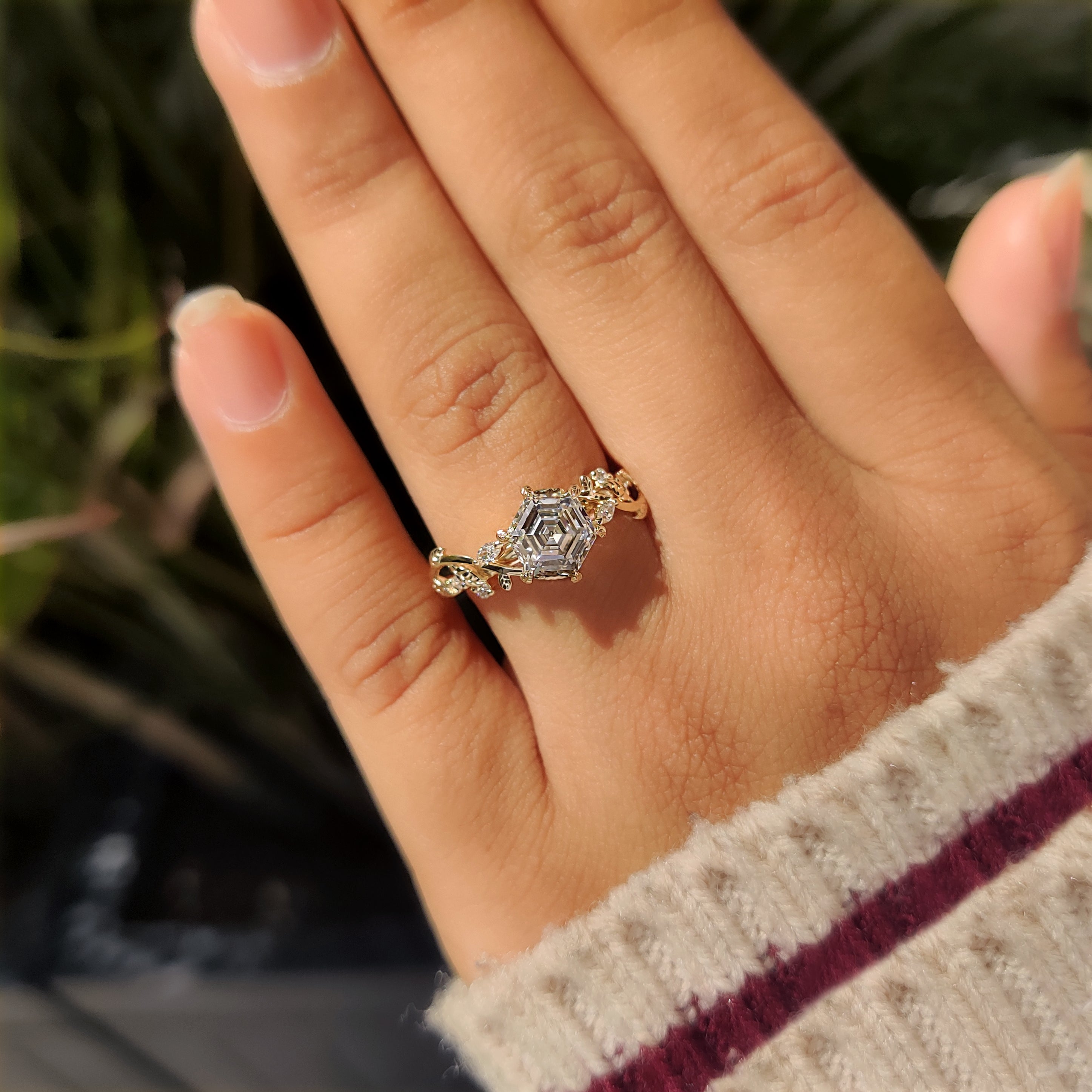 Nature inspired diamond ring with hexagon center stone 

