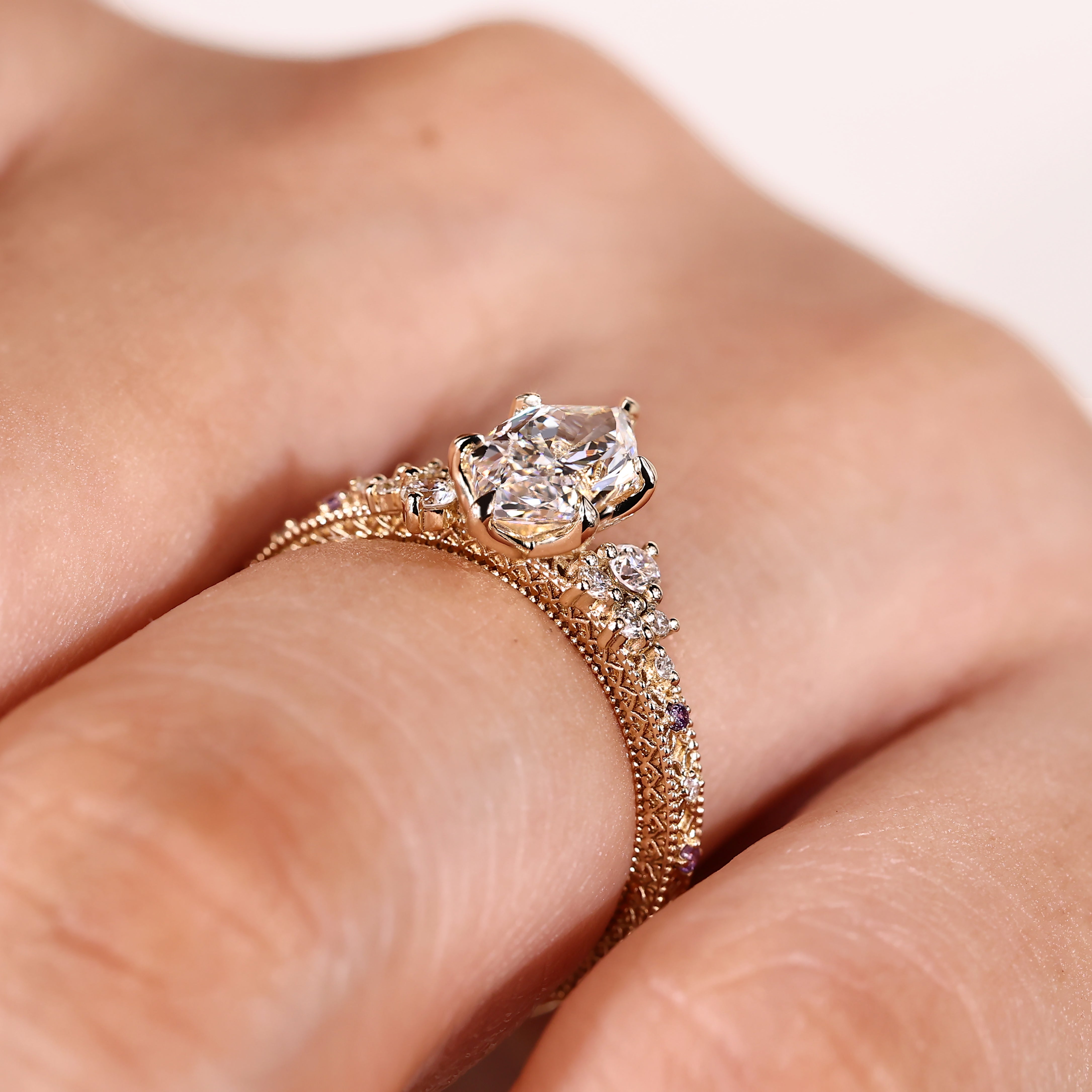 Handmade lab grown diamond dutch marquise ring with round amethyst accent stones

