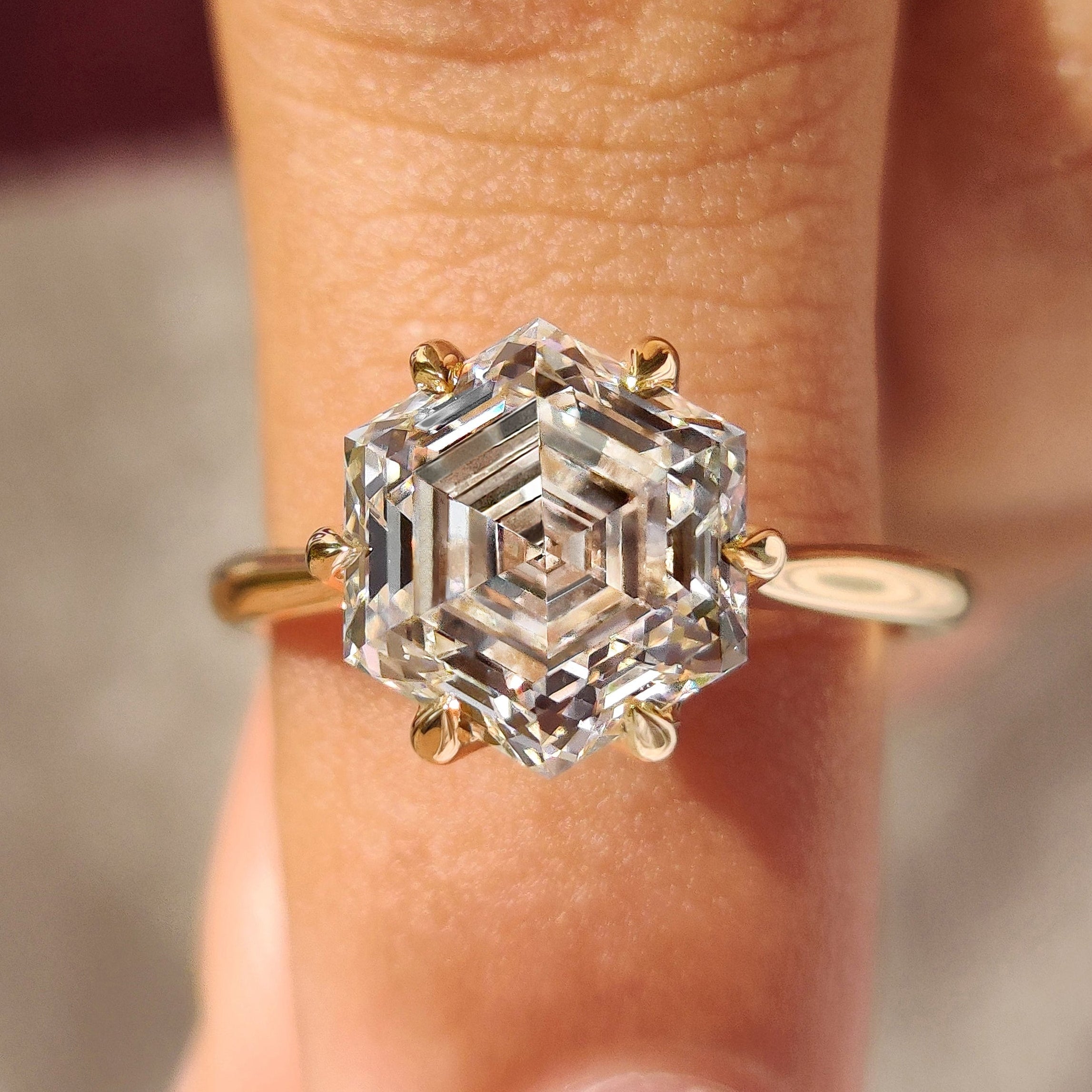 Hexagon Cut Diamond Solitaire Engagement Ring In Tulip Setting