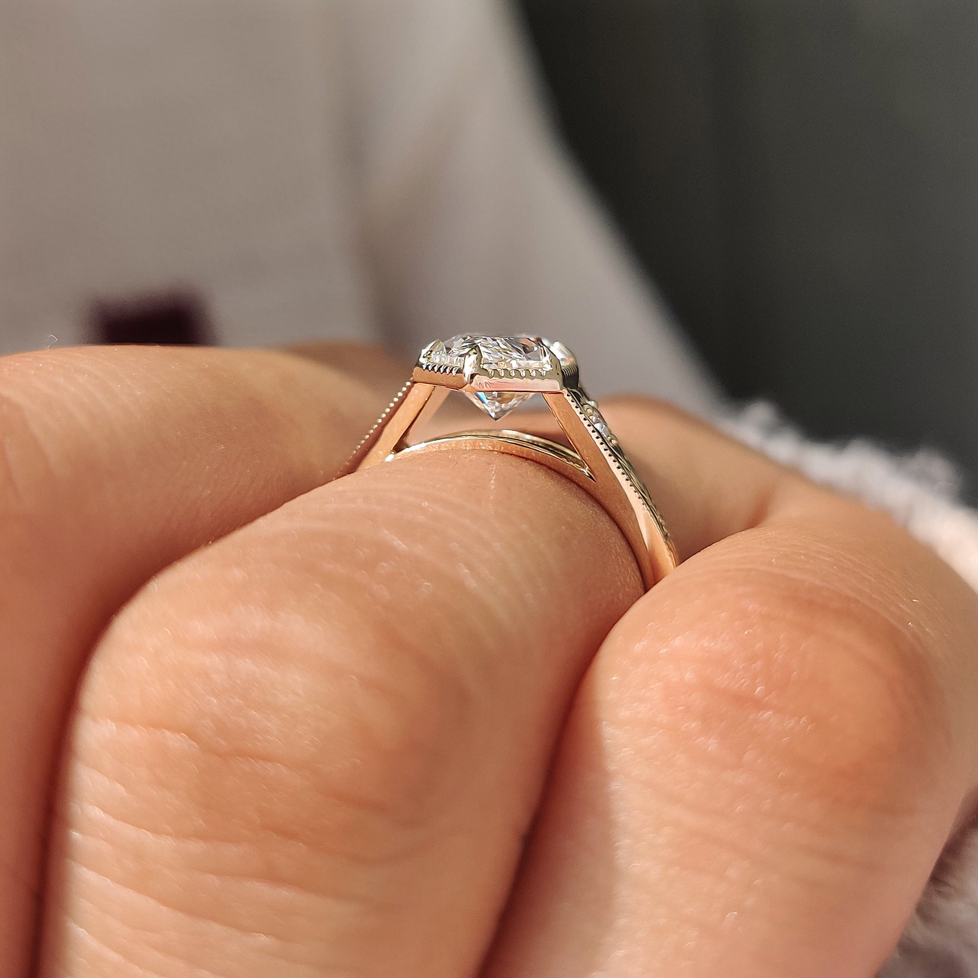 Cathedral setting on a vintage Dutch marquise three stone ring.
