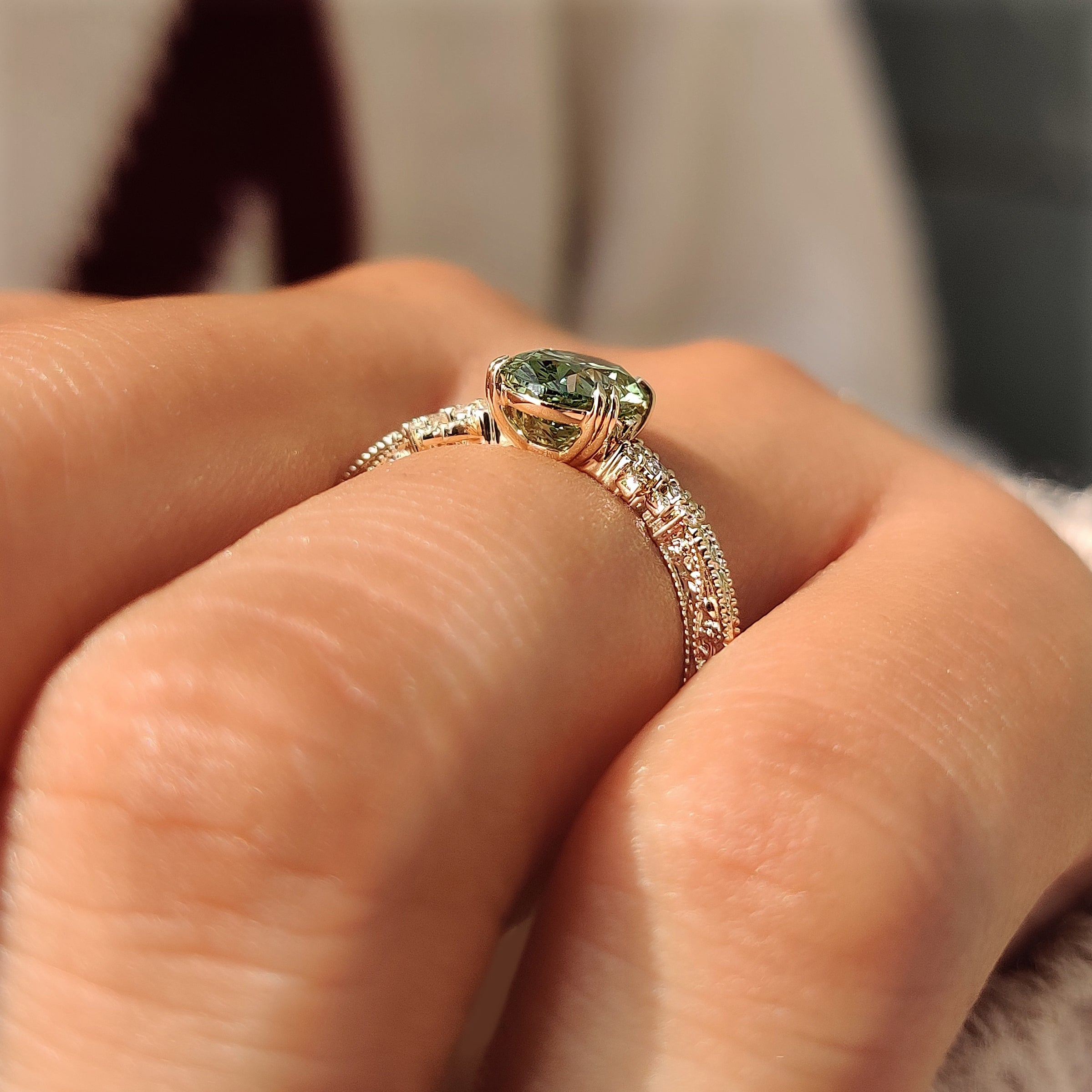 Yellow gold cluster ring with milgrain edges and floral engravings.
