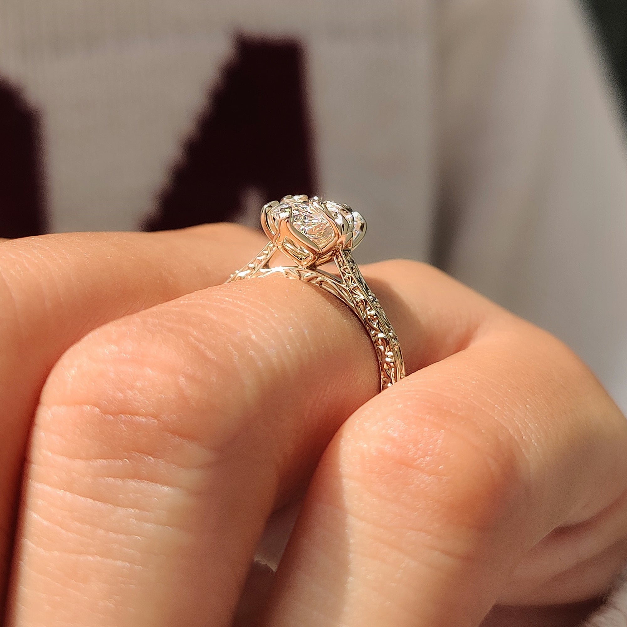 Leaf style prong marquise diamond engagement ring.
