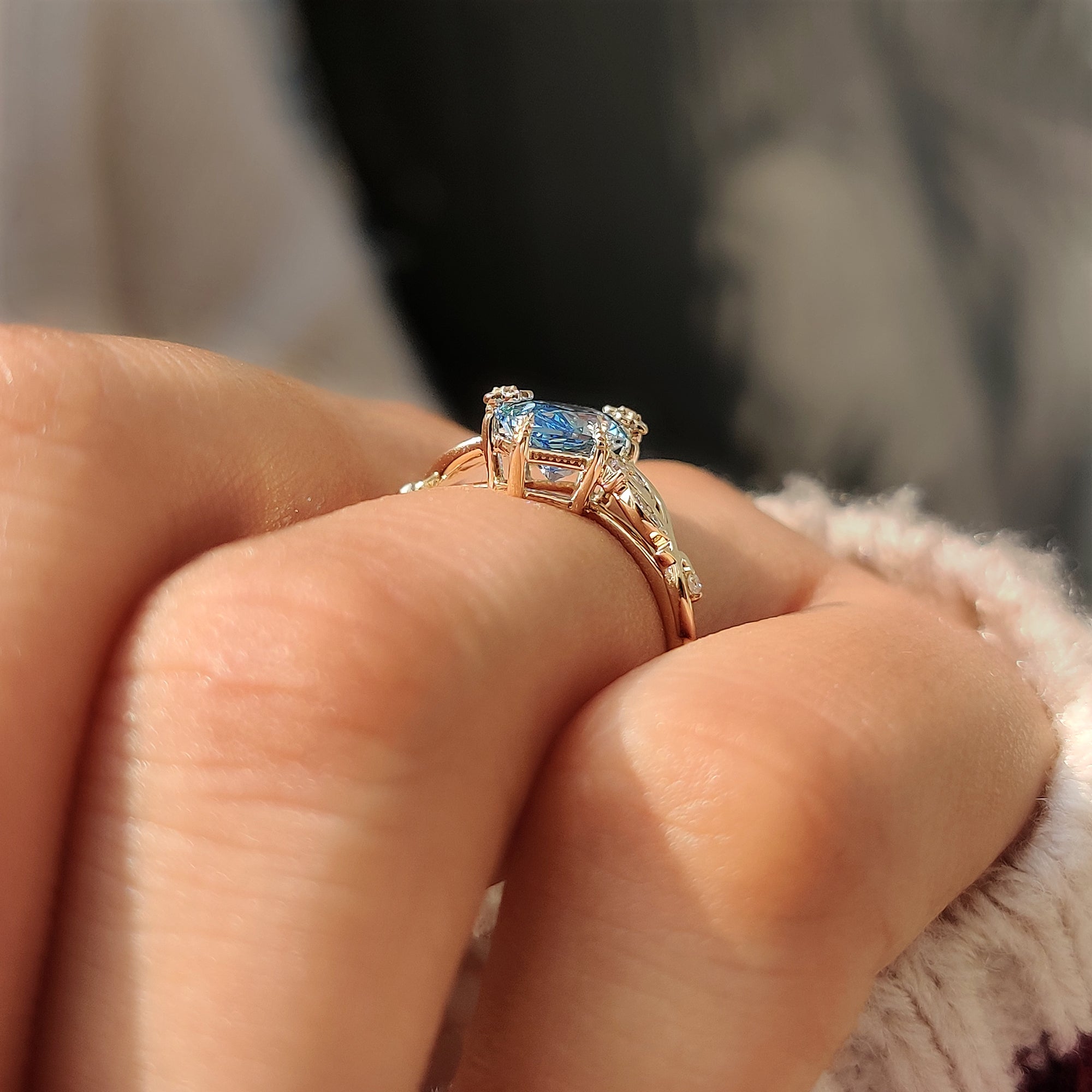 Floral detailing on a handmade Dutch marquise engagement ring.
