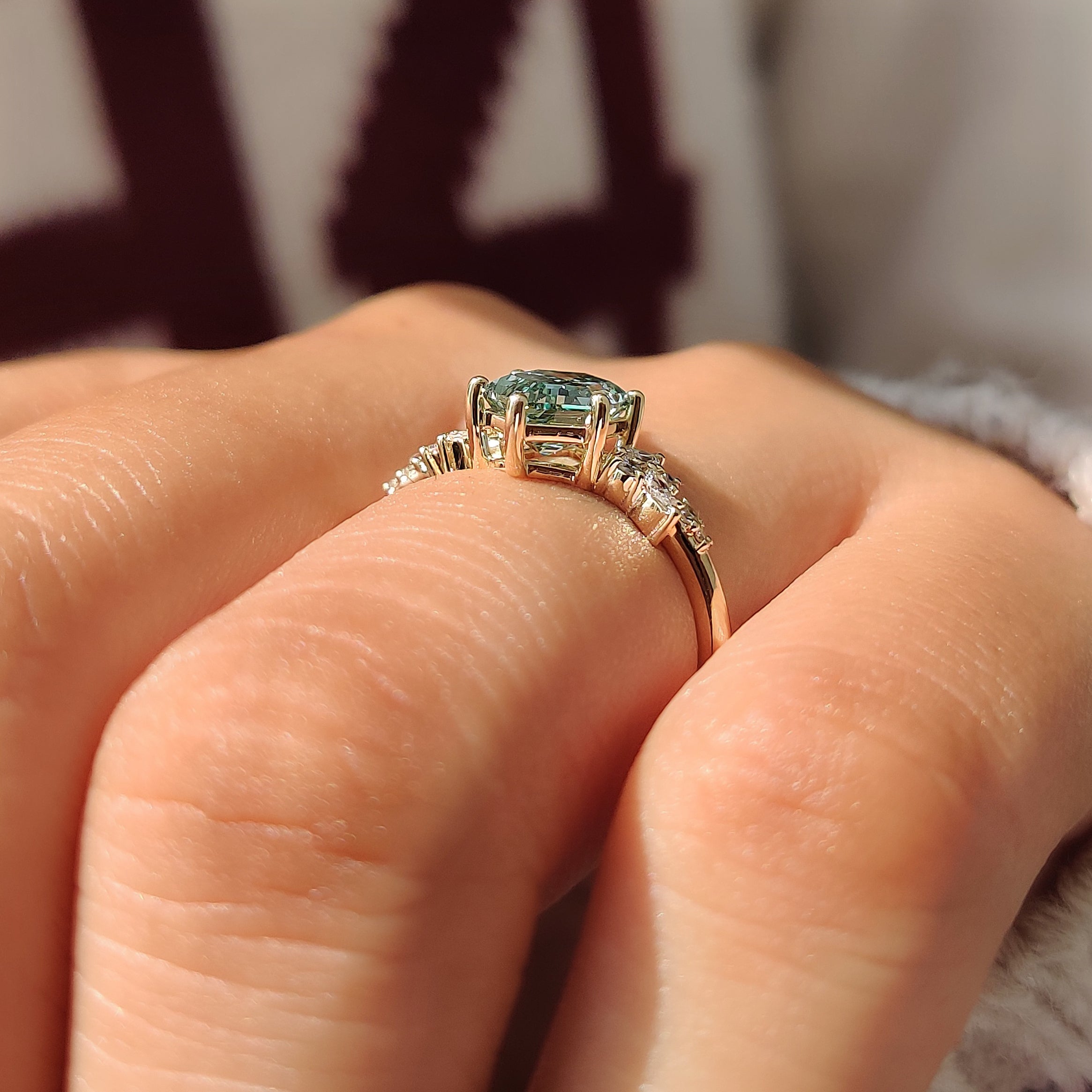 10K yellow gold green hexagon diamond ring.
