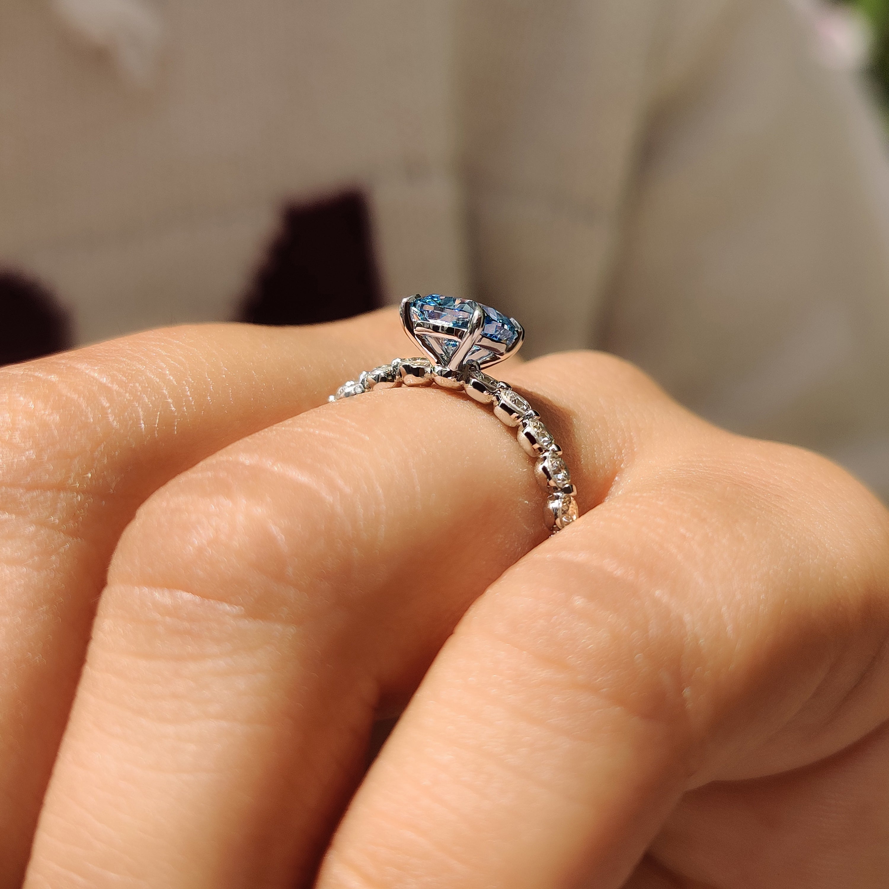 Floating bubble pave cushion diamond ring design.
