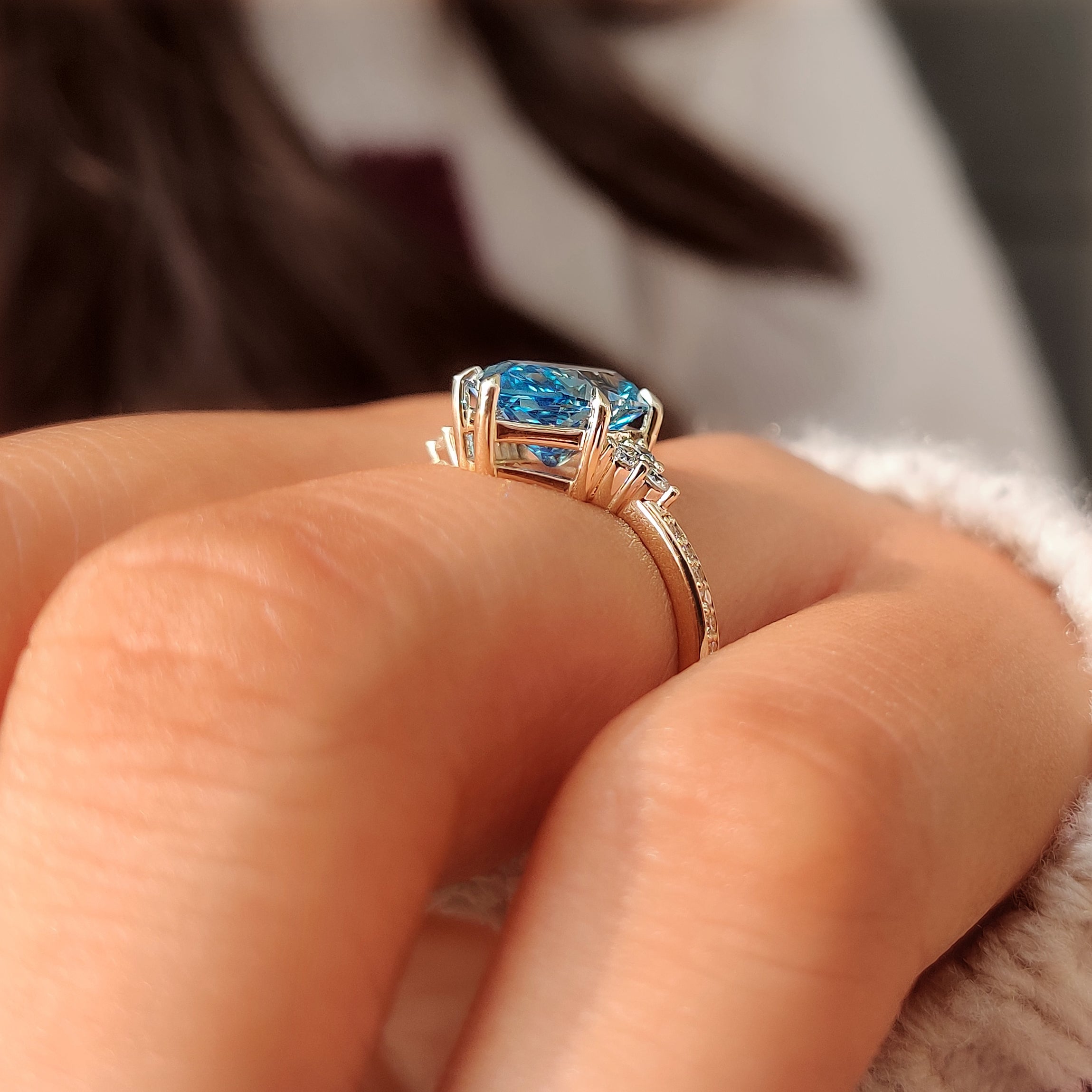 Lab grown blue Dutch marquise diamond ring handmade by Carat Diamonds.
