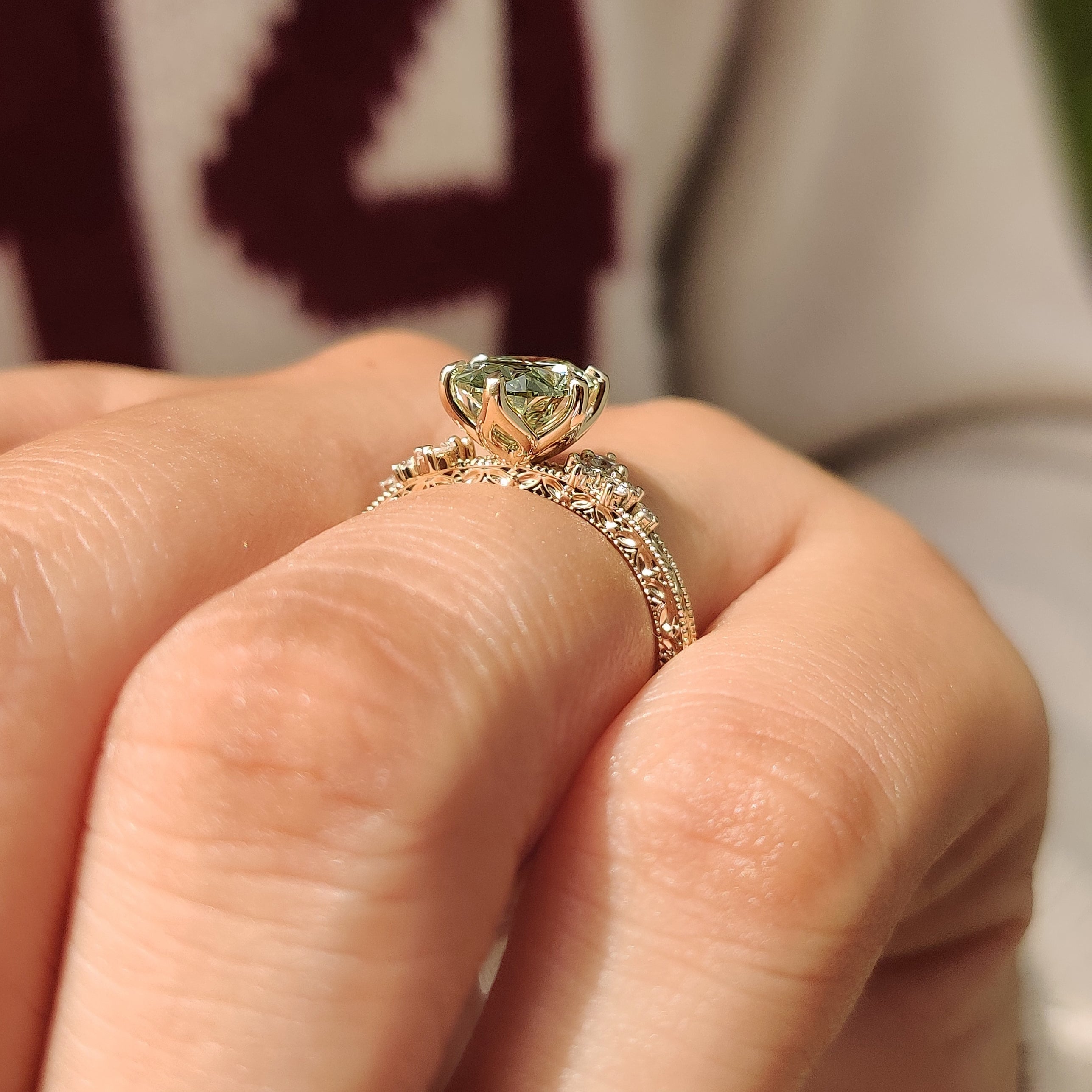 Lab grown green oval diamond engagement ring
