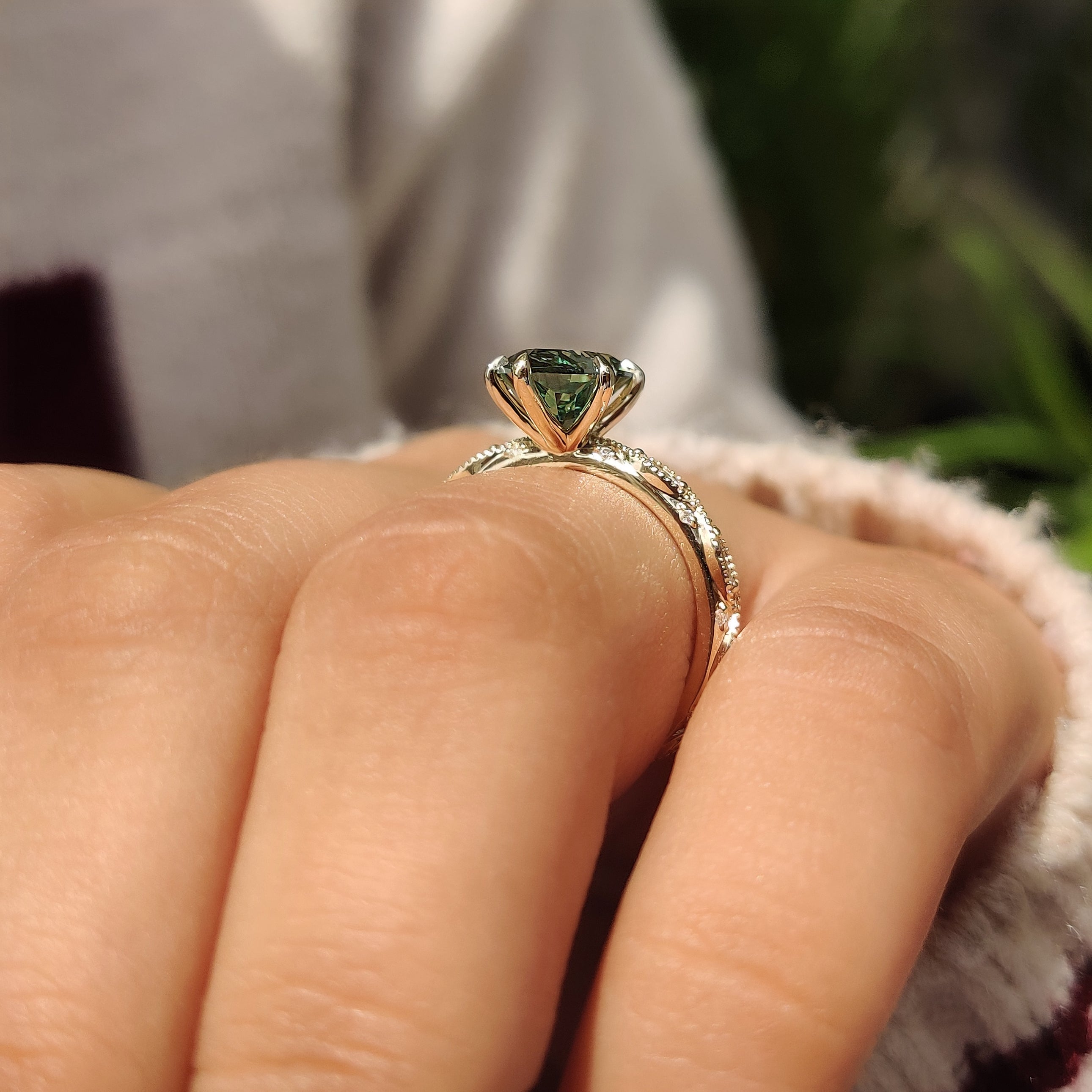 Green Dutch marquise engagement ring with lab grown diamonds
