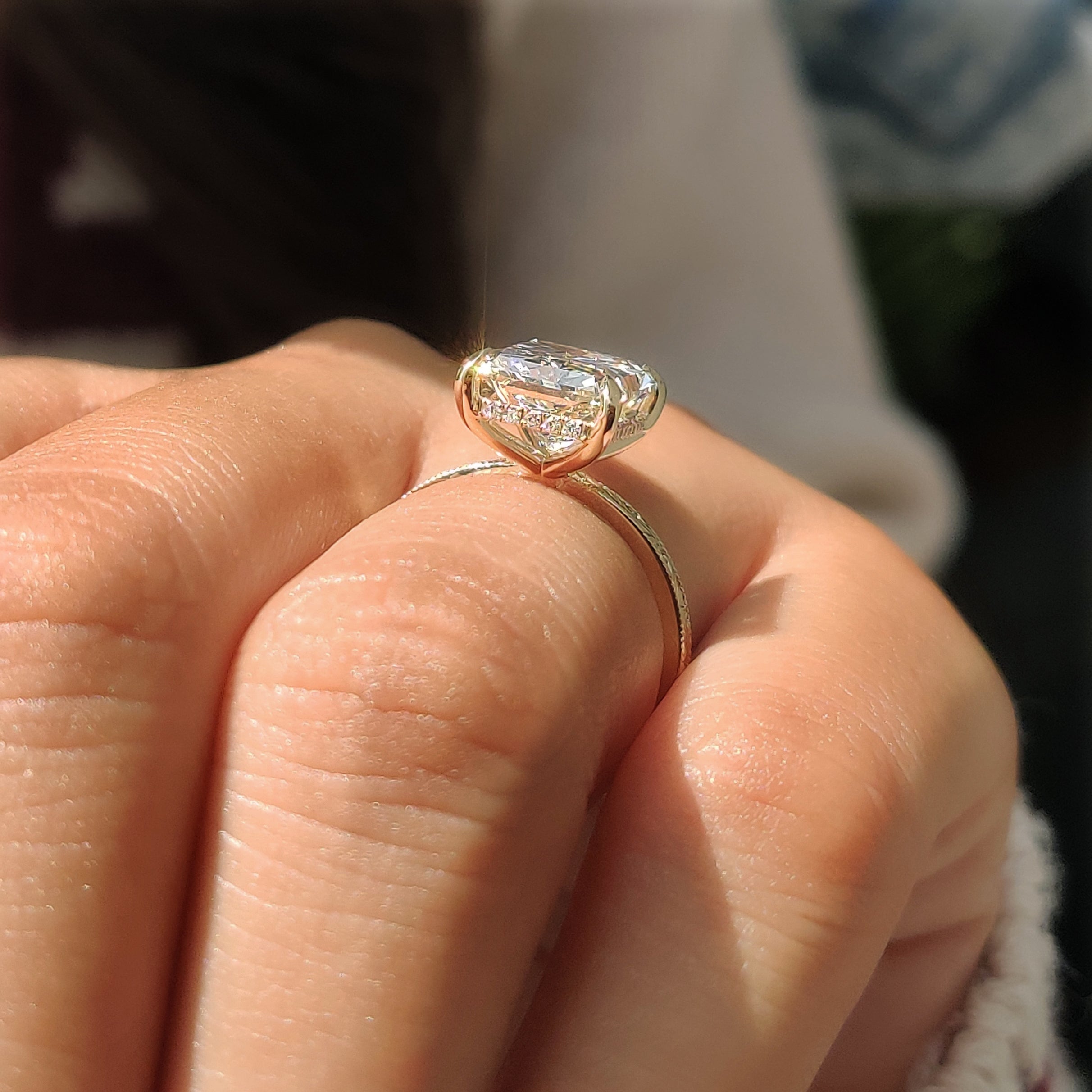 Yellow gold radiant engagement ring.
