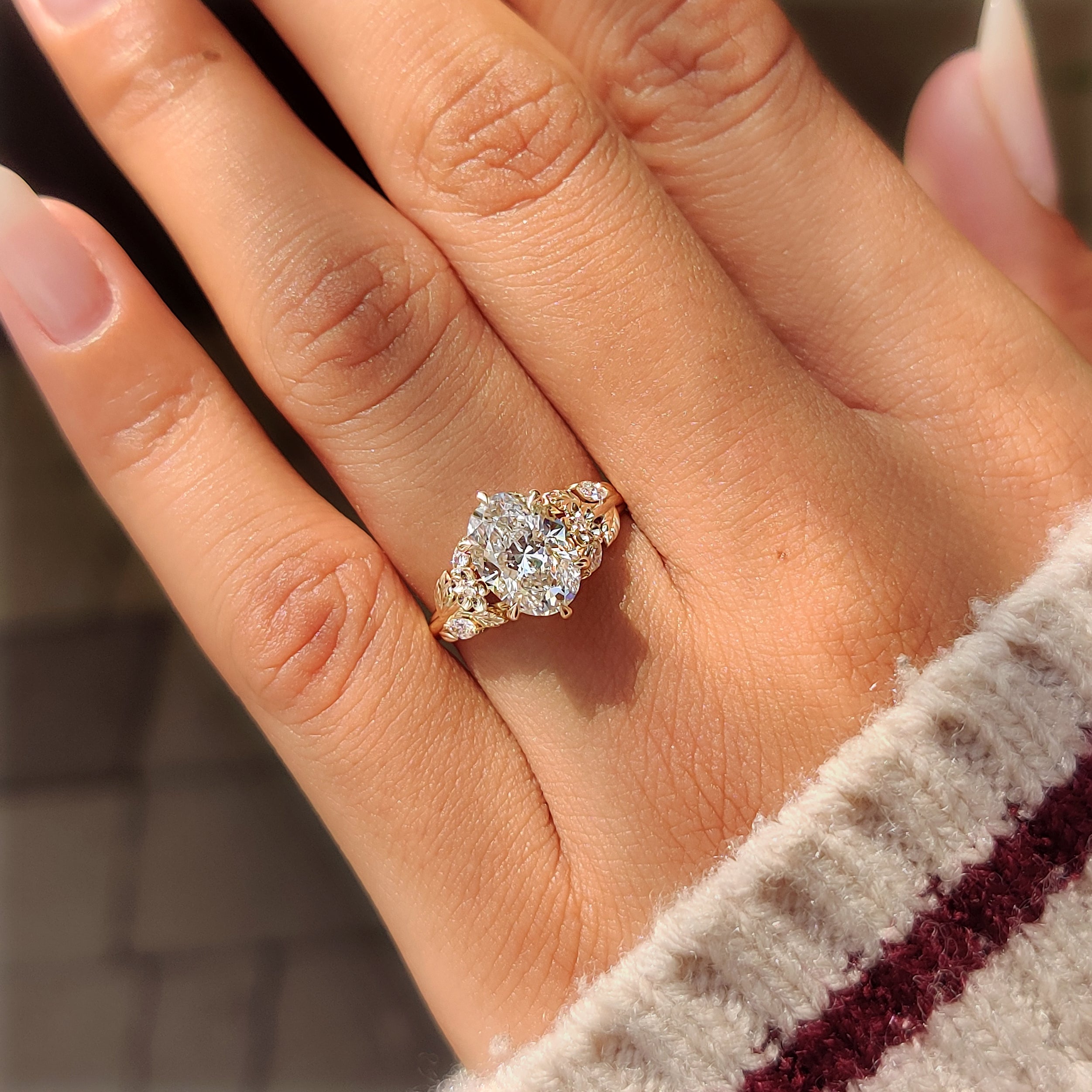 Round and marquise diamonds on a cherry blossom ring.
