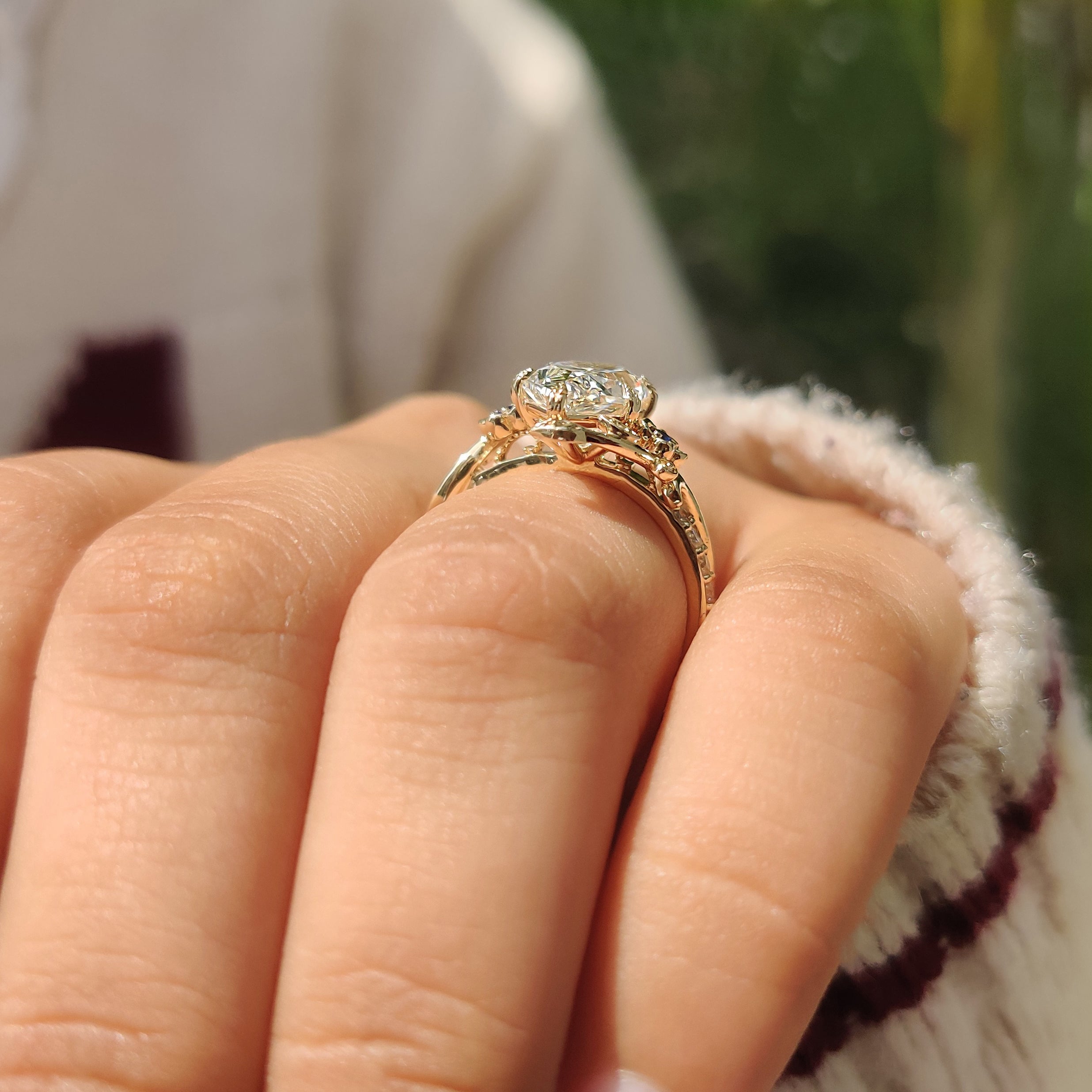Handmade nature inspired ring with leaf style prong setting
