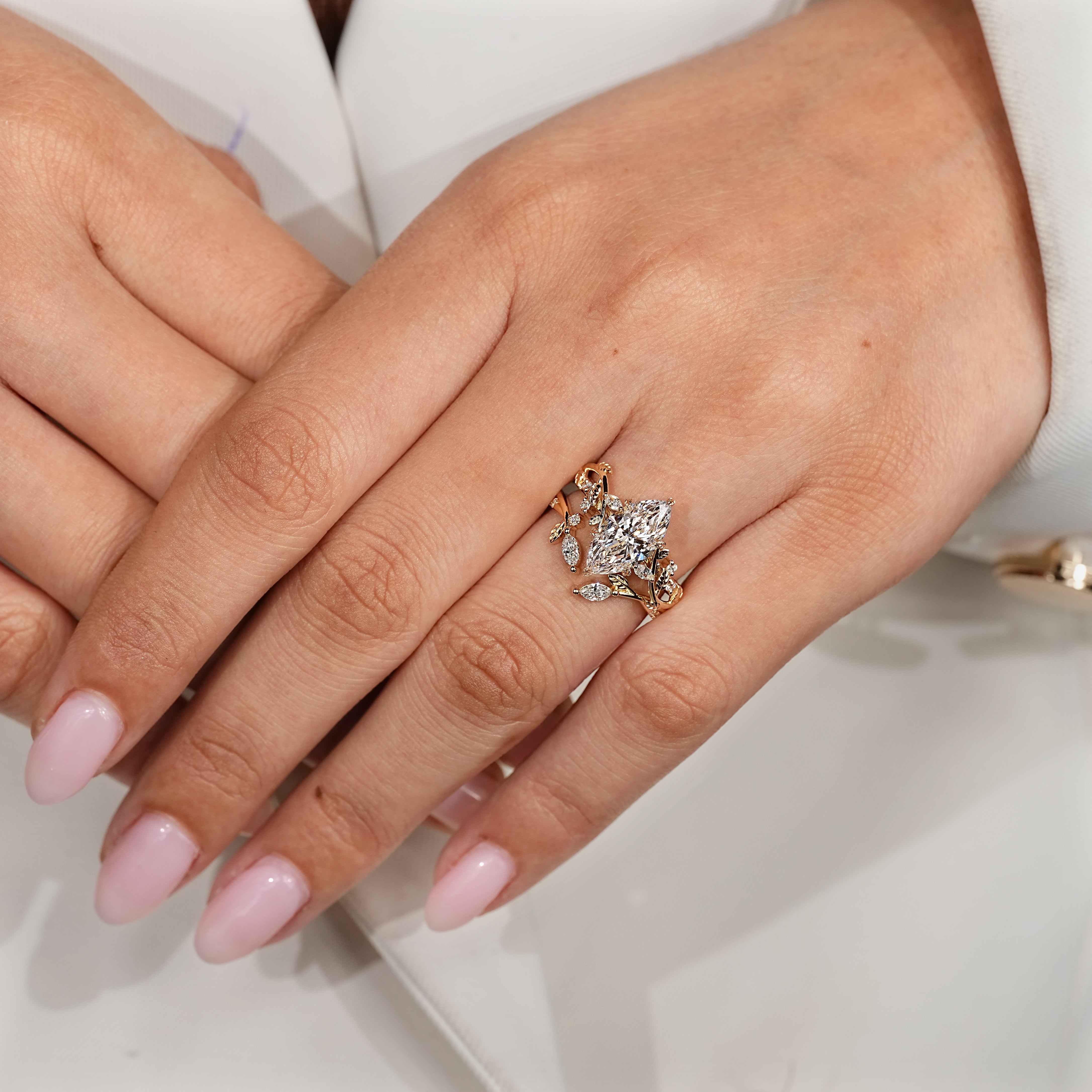 Nature inspired engagement ring with matching wedding band
