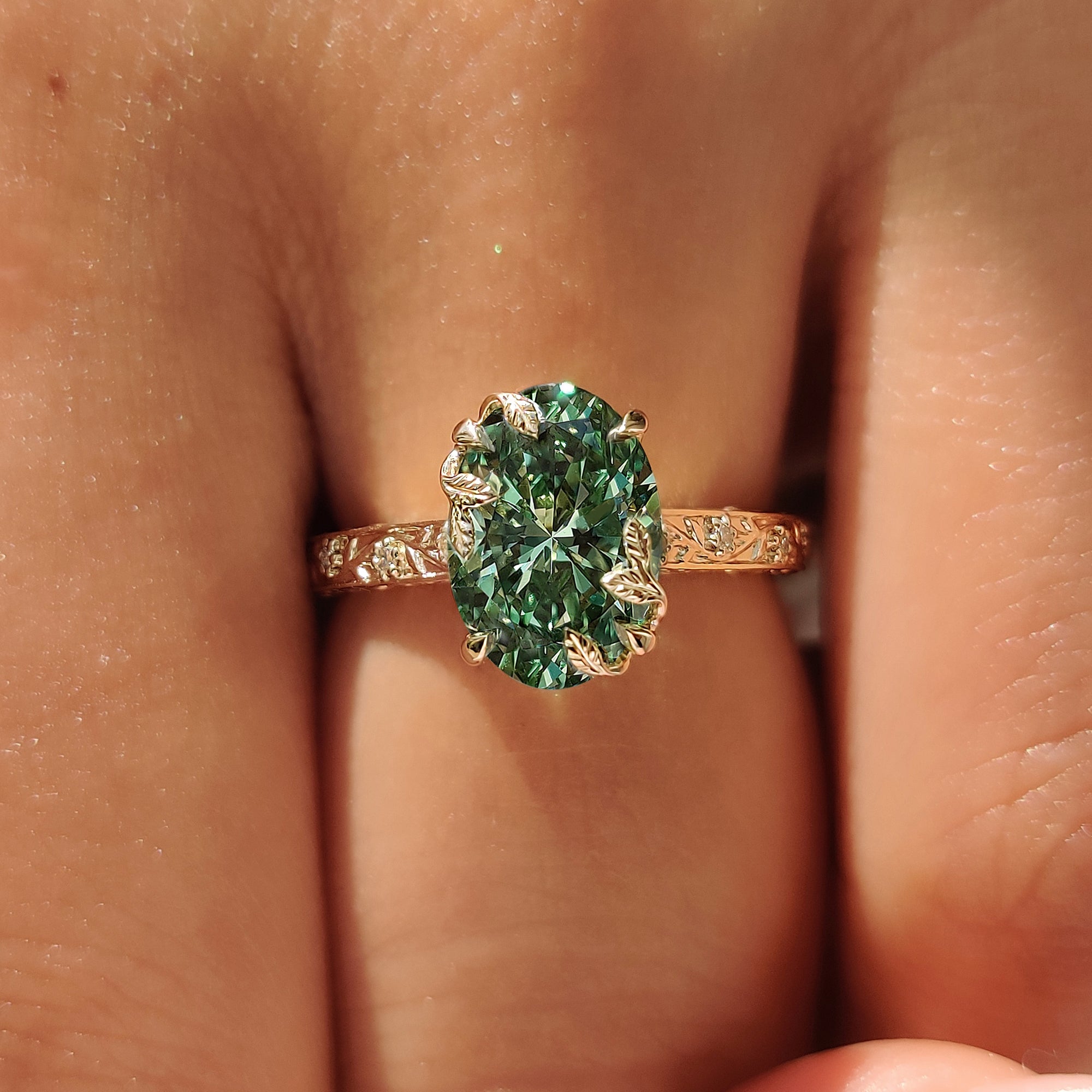 Vintage inspired green oval diamond ring.
