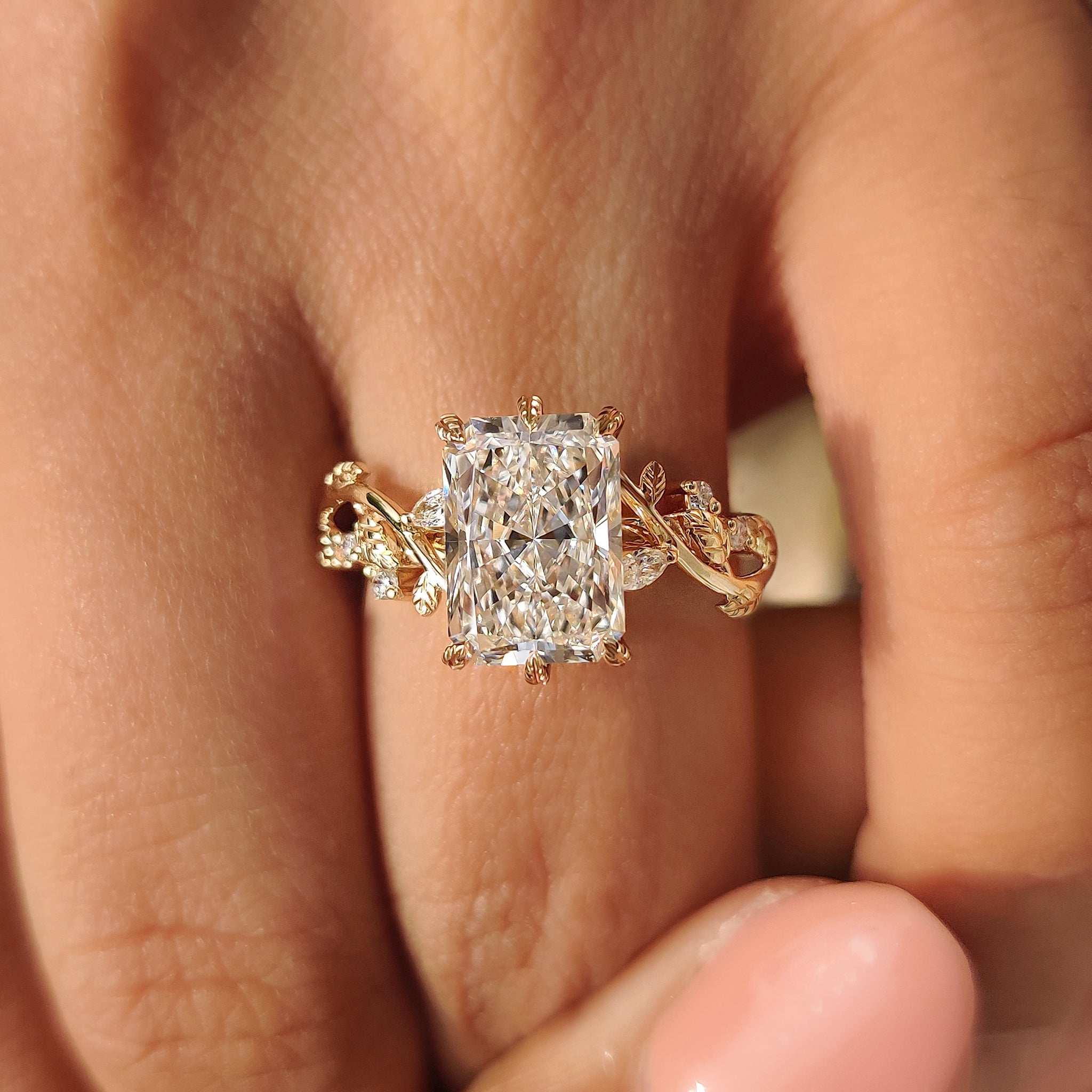 Lab grown radiant diamond nature inspired engagement ring
